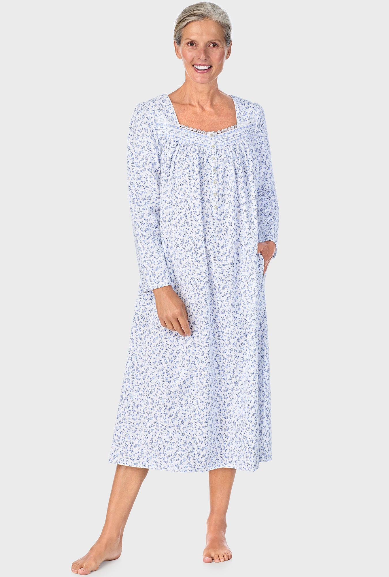 A lady wearing Serenity Blue Floral Long Sleeve Nightgown