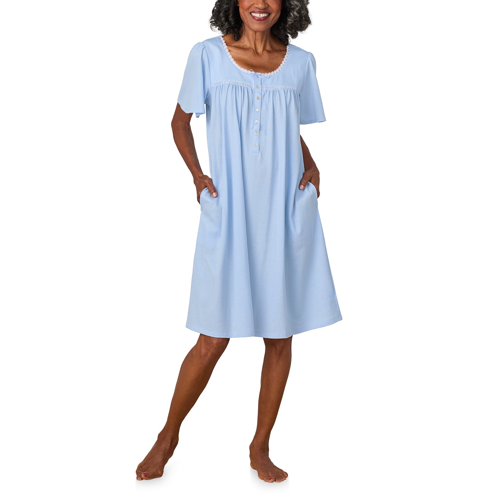 A lady wearing Classic Blue Flutter Sleeve Waltz Nightgown