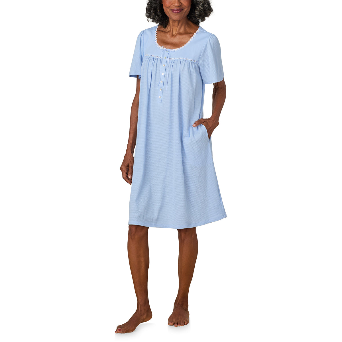 A lady wearing Classic Blue Flutter Sleeve Waltz Nightgown