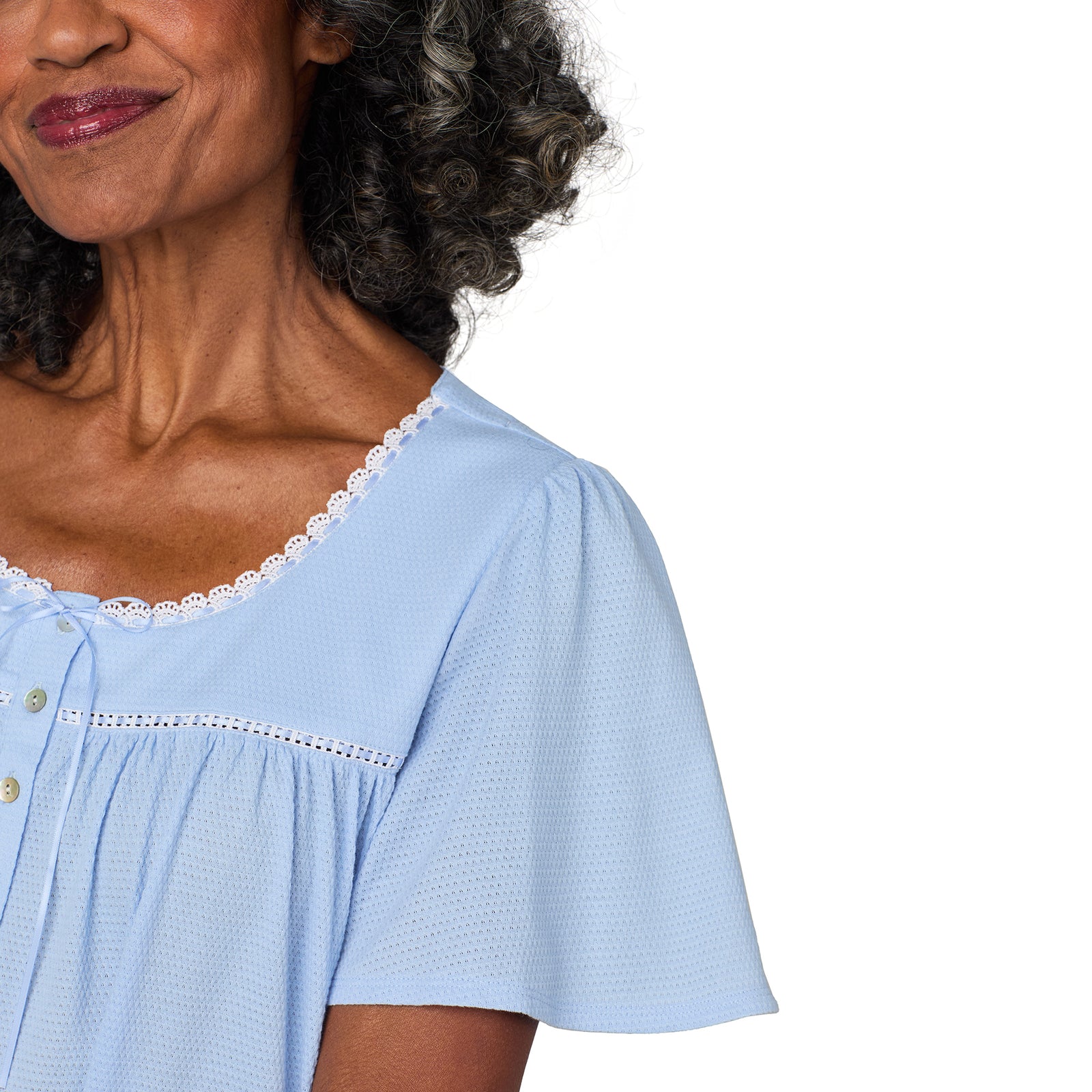 A lady wearing Classic Blue Flutter Sleeve Waltz Nightgown