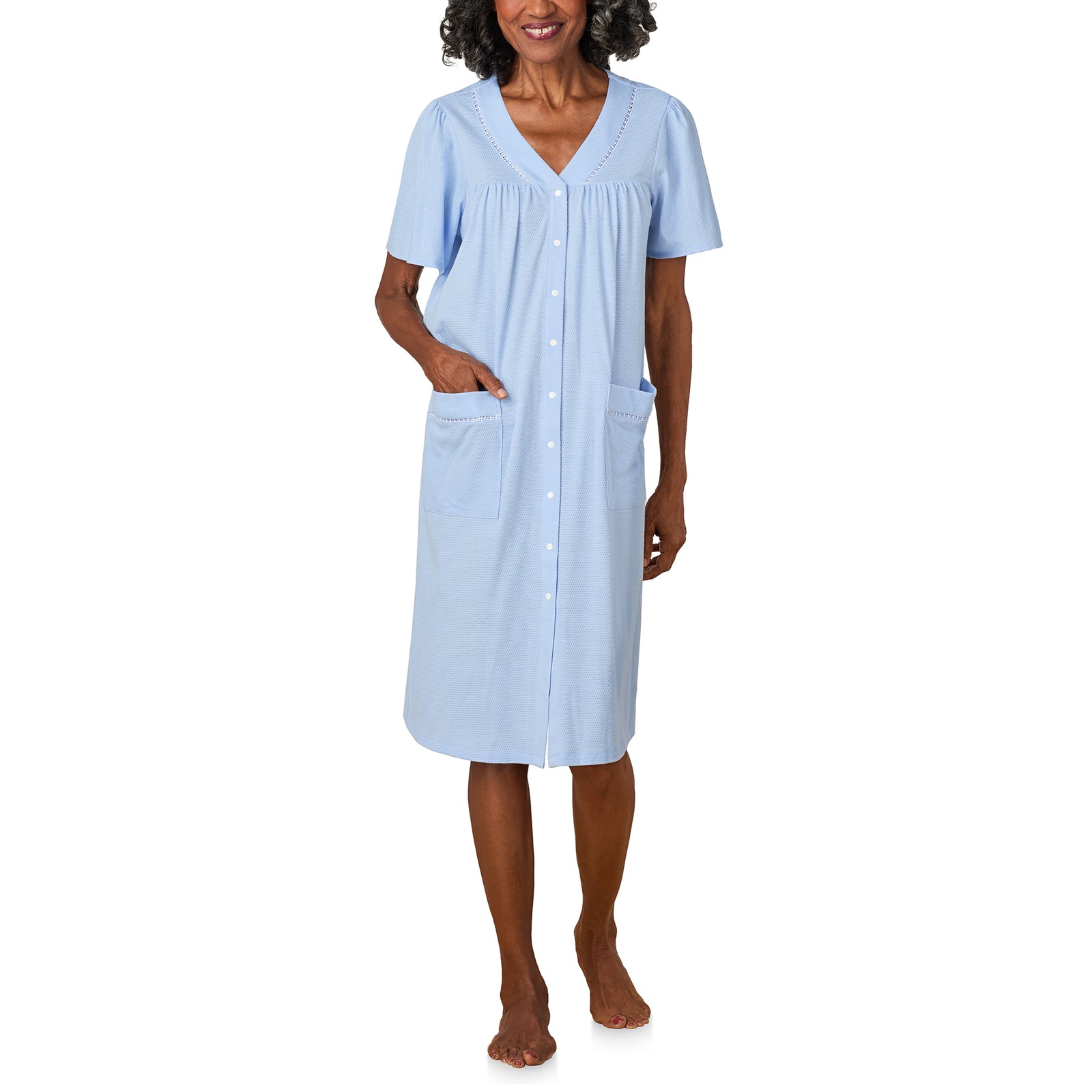 A lady wearing Classic Blue Flutter Sleeve Duster Robe