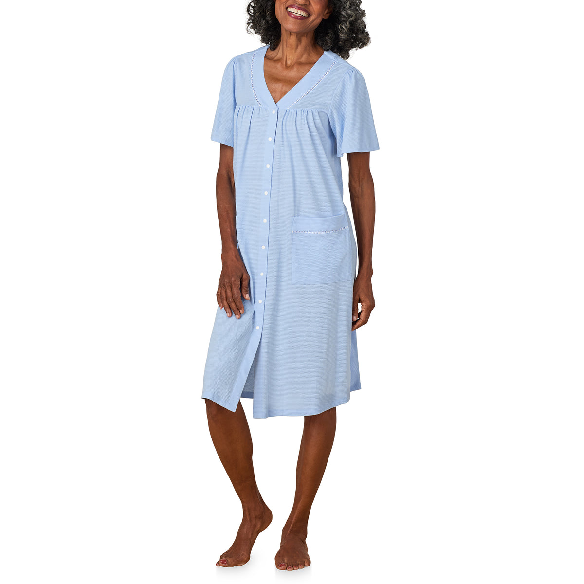 A lady wearing Classic Blue Flutter Sleeve Duster Robe