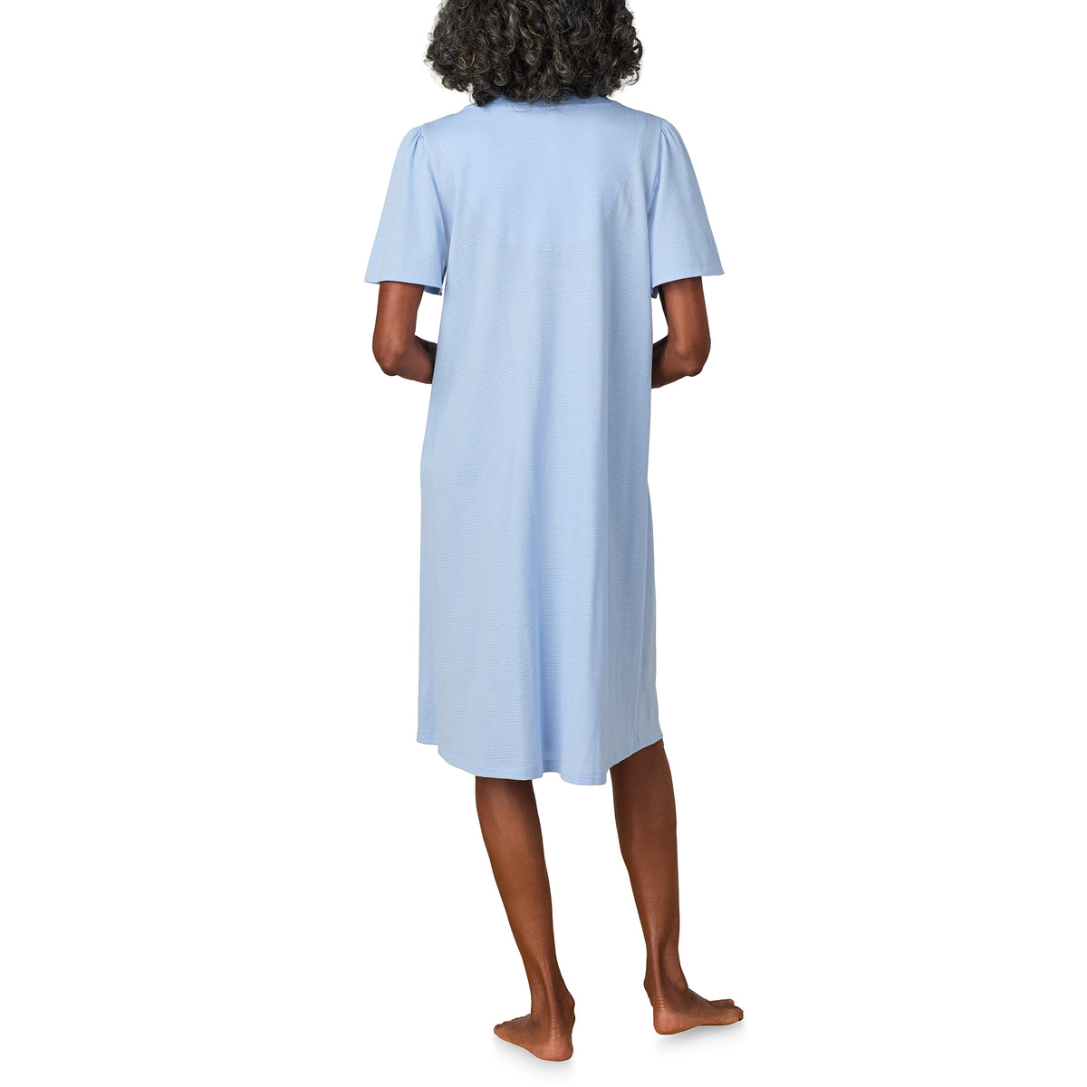 A lady wearing Classic Blue Flutter Sleeve Duster Robe