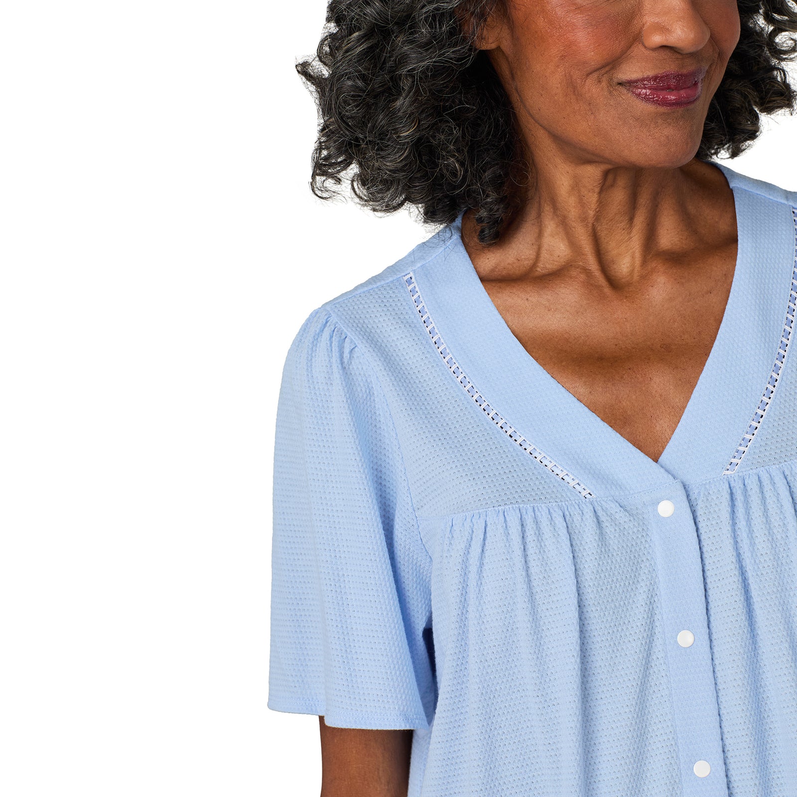 A lady wearing Classic Blue Flutter Sleeve Duster Robe