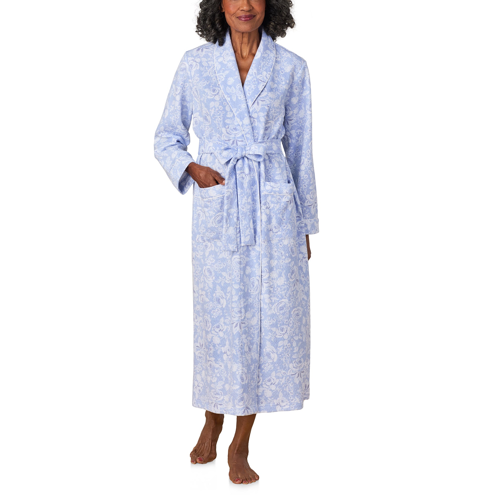 A lady wearing Blue Roses Wrap Robe