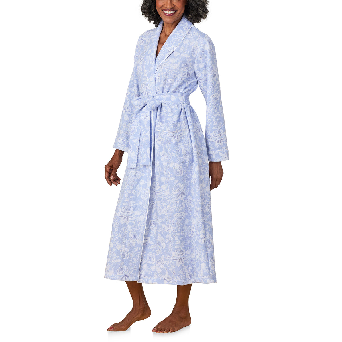 A lady wearing Blue Roses Wrap Robe