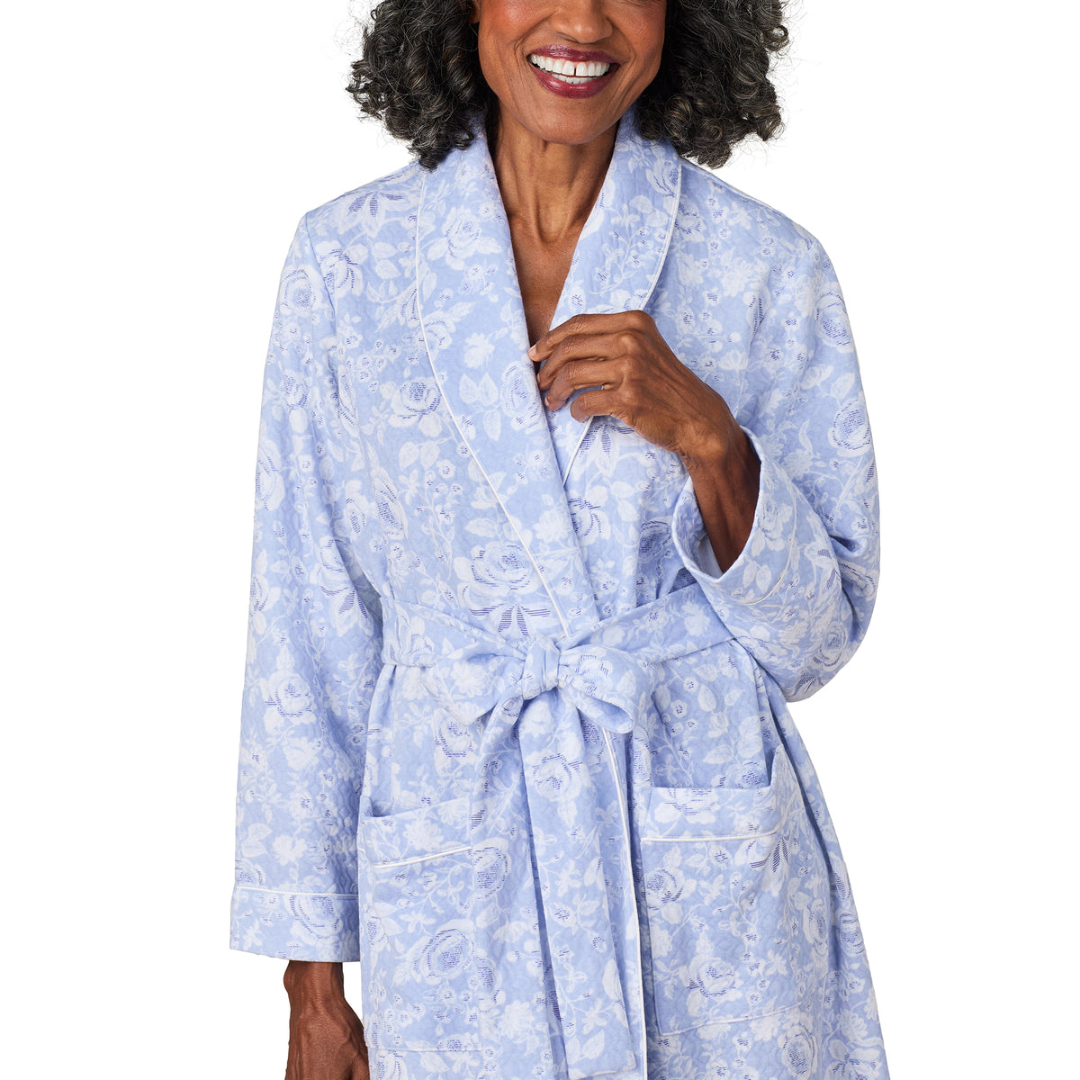 A lady wearing Blue Roses Wrap Robe