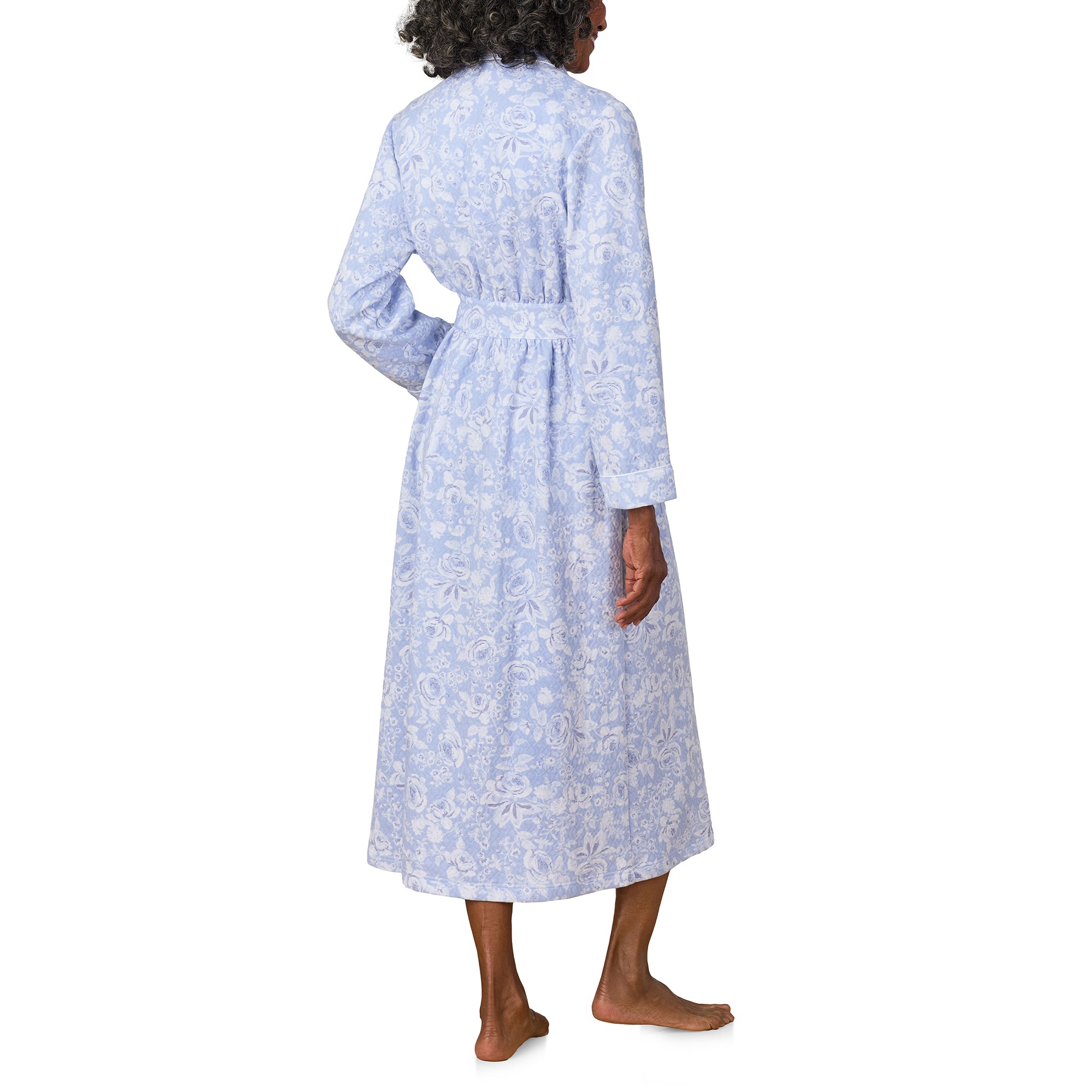A lady wearing Blue Roses Wrap Robe