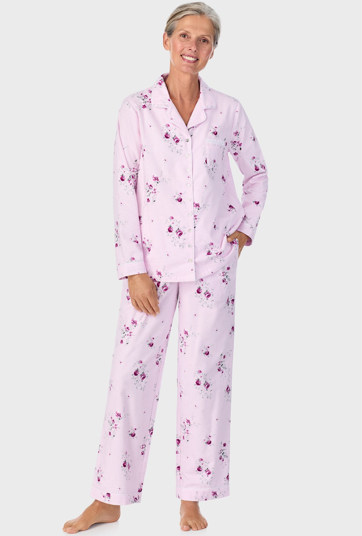 A lady wearing Blush Pink Floral Notch Collar PJ Set