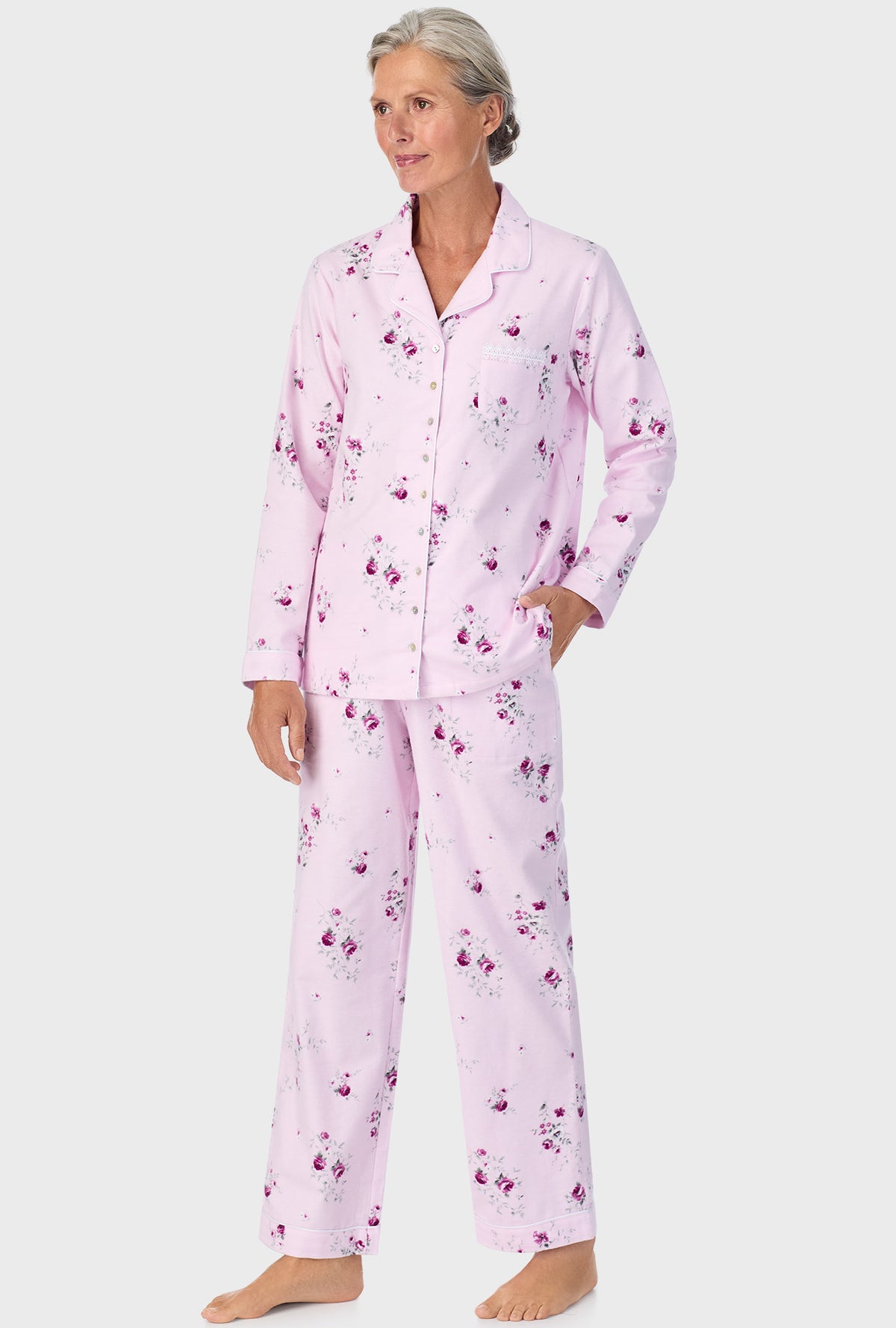 A lady wearing Blush Pink Floral Notch Collar PJ Set