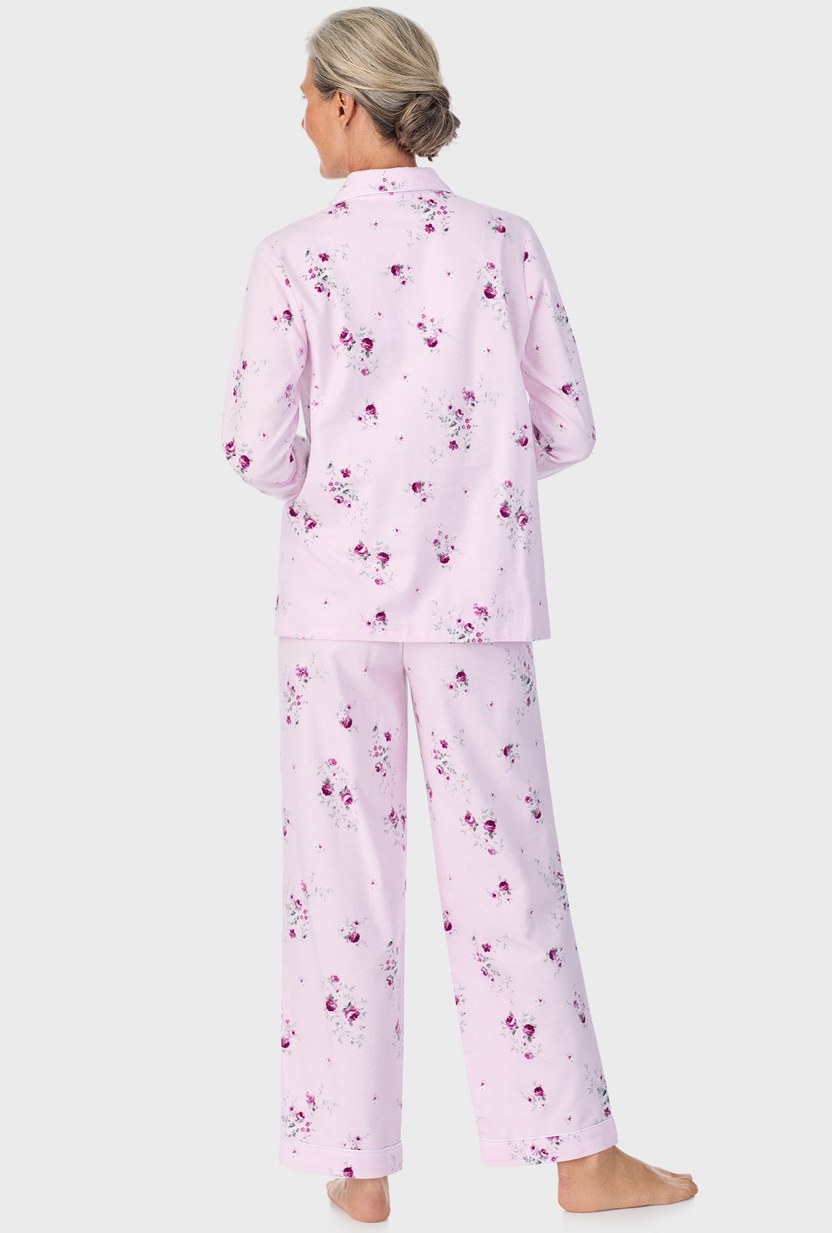 A lady wearing Blush Pink Floral Notch Collar PJ Set