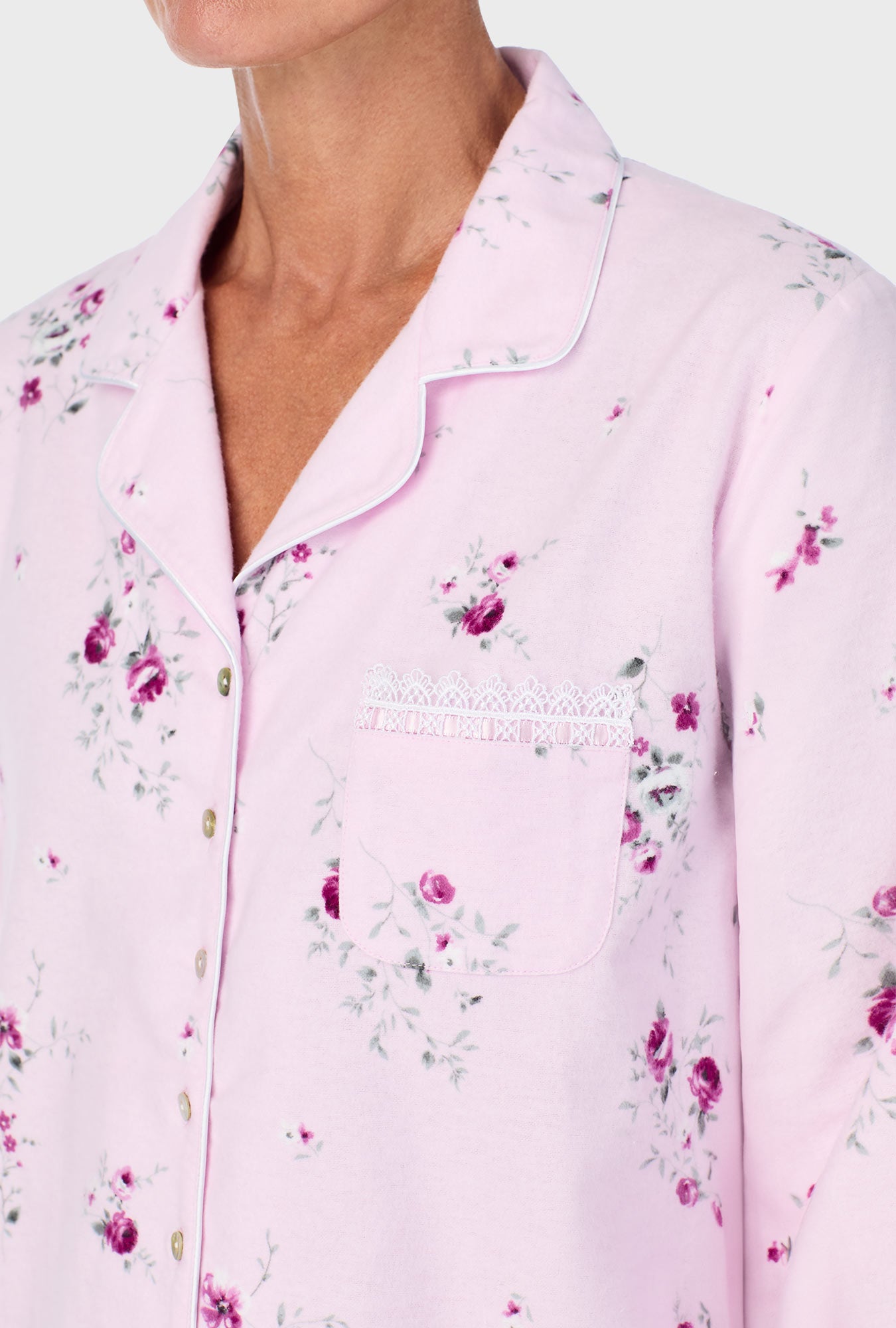 A lady wearing Blush Pink Floral Notch Collar PJ Set