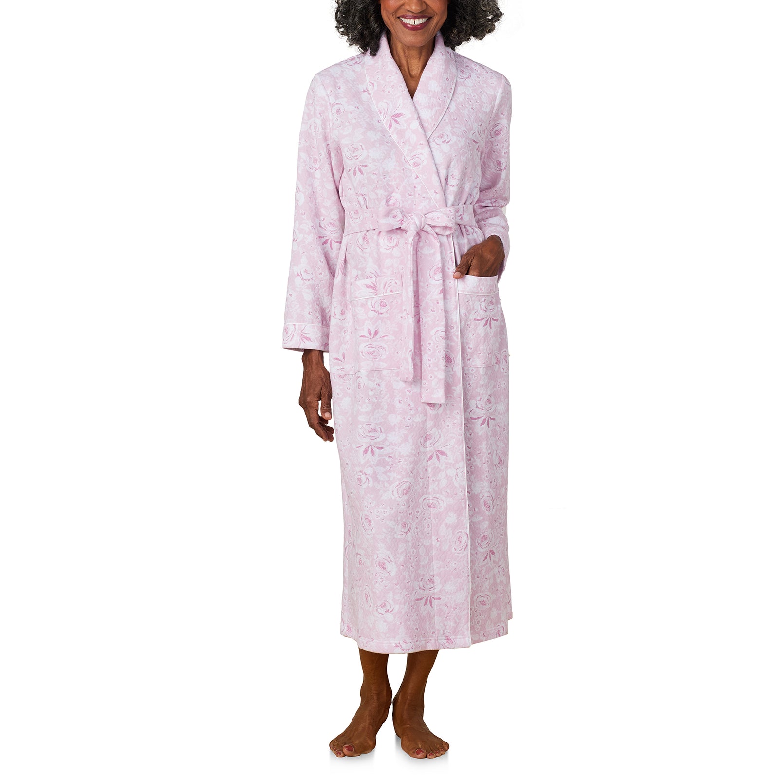 A lady wearing Pink Roses Wrap Robe