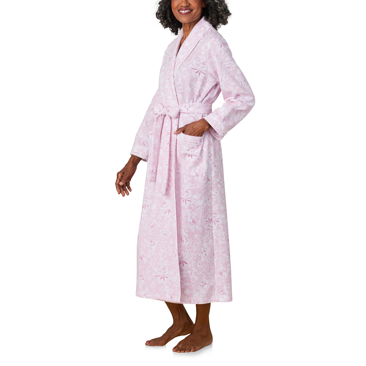 A lady wearing Pink Roses Wrap Robe