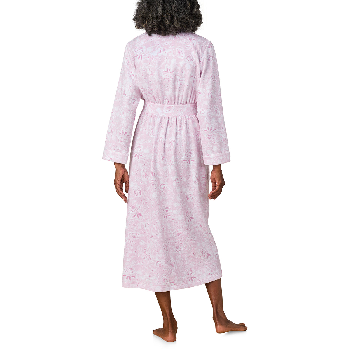 A lady wearing Pink Roses Wrap Robe