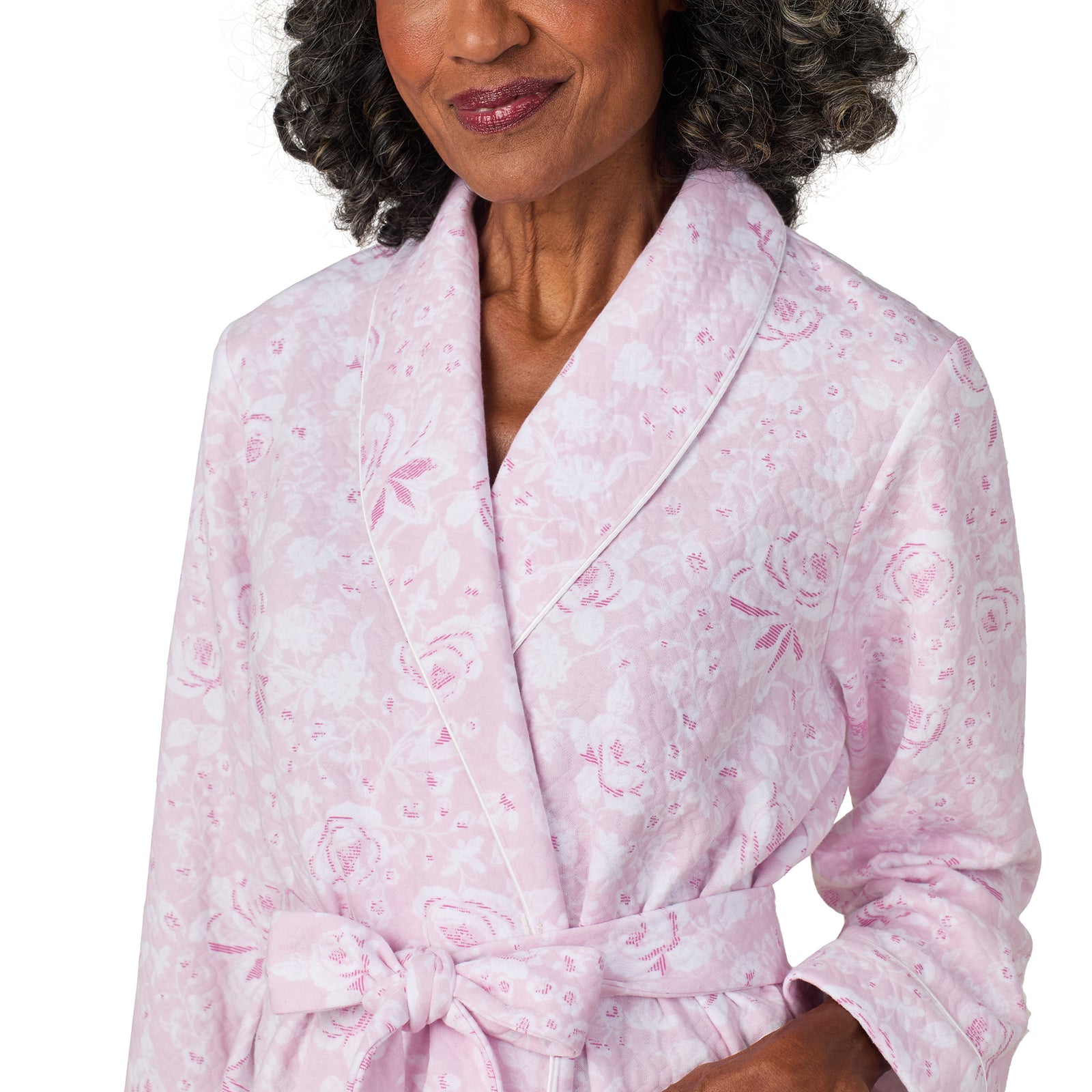 A lady wearing Pink Roses Wrap Robe
