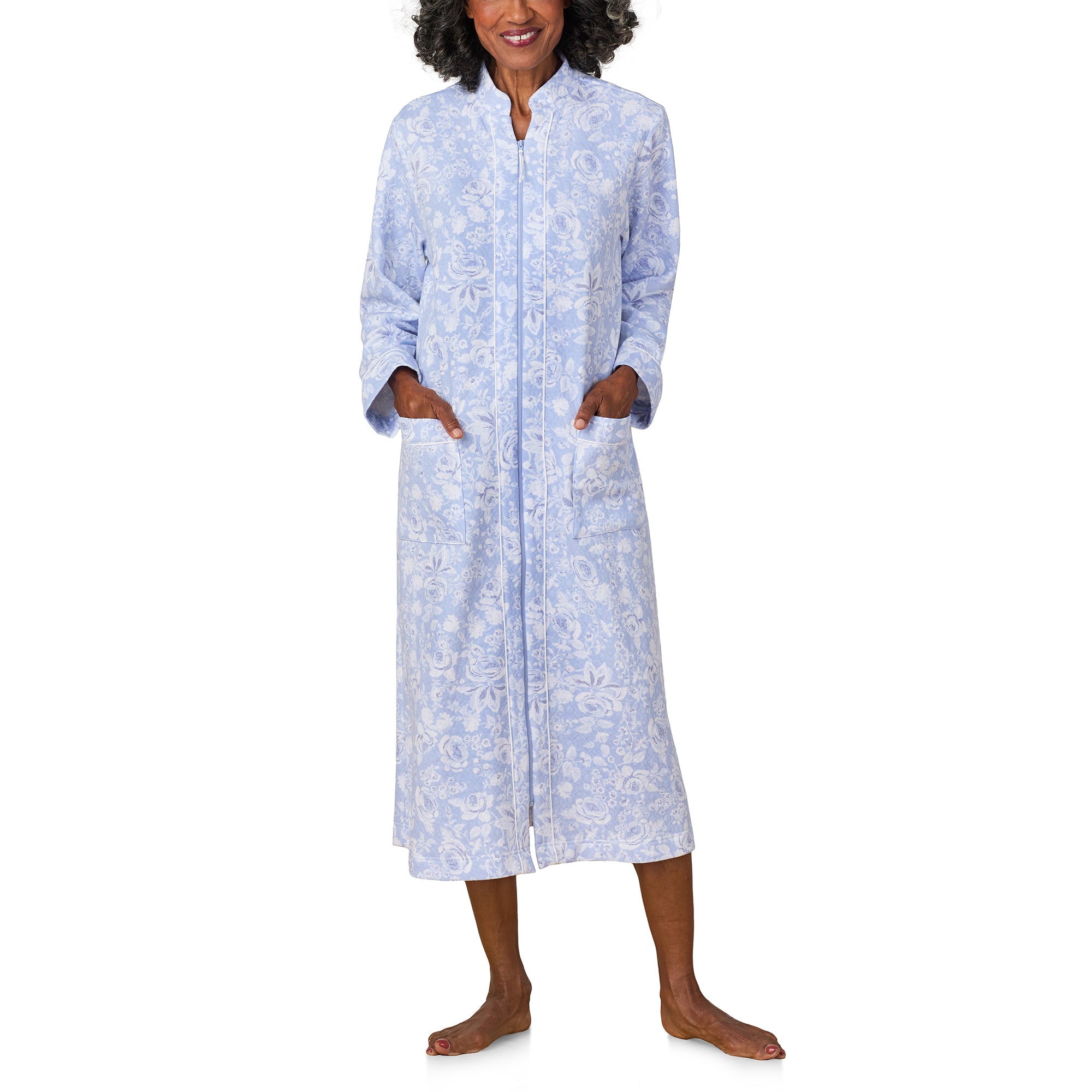 A lady wearing Blue Roses Zip Robe