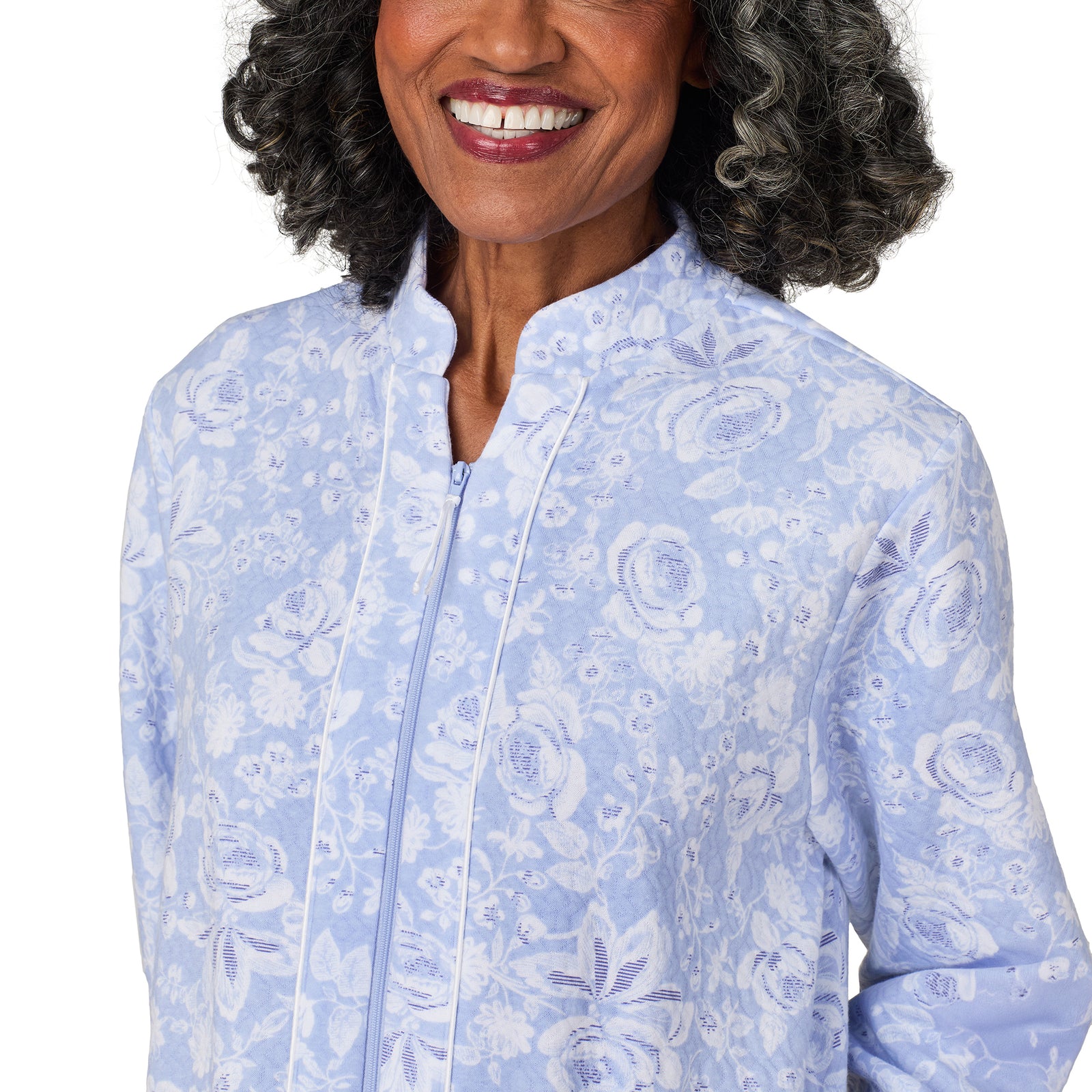 A lady wearing Blue Roses Zip Robe