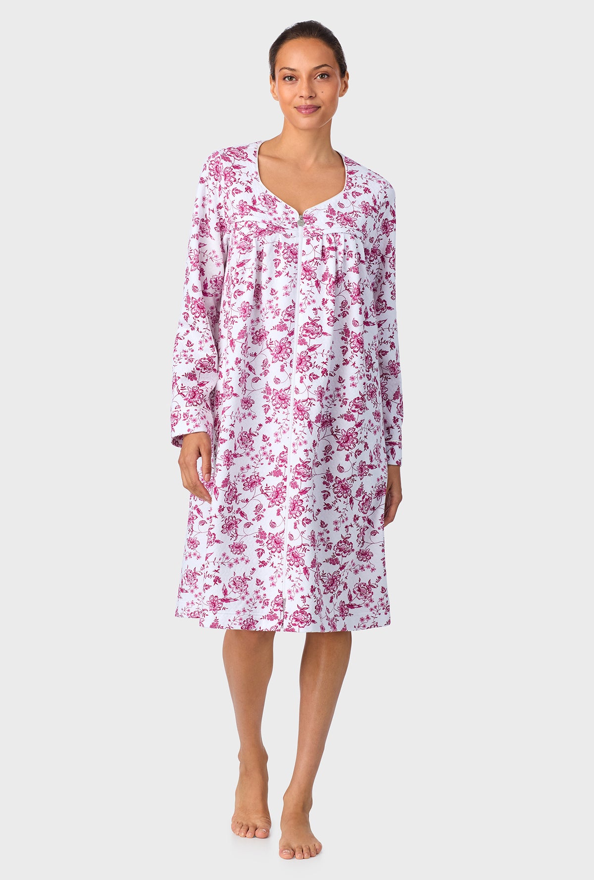 A lady wearing Crimson Floral Quilted Zip Duster
