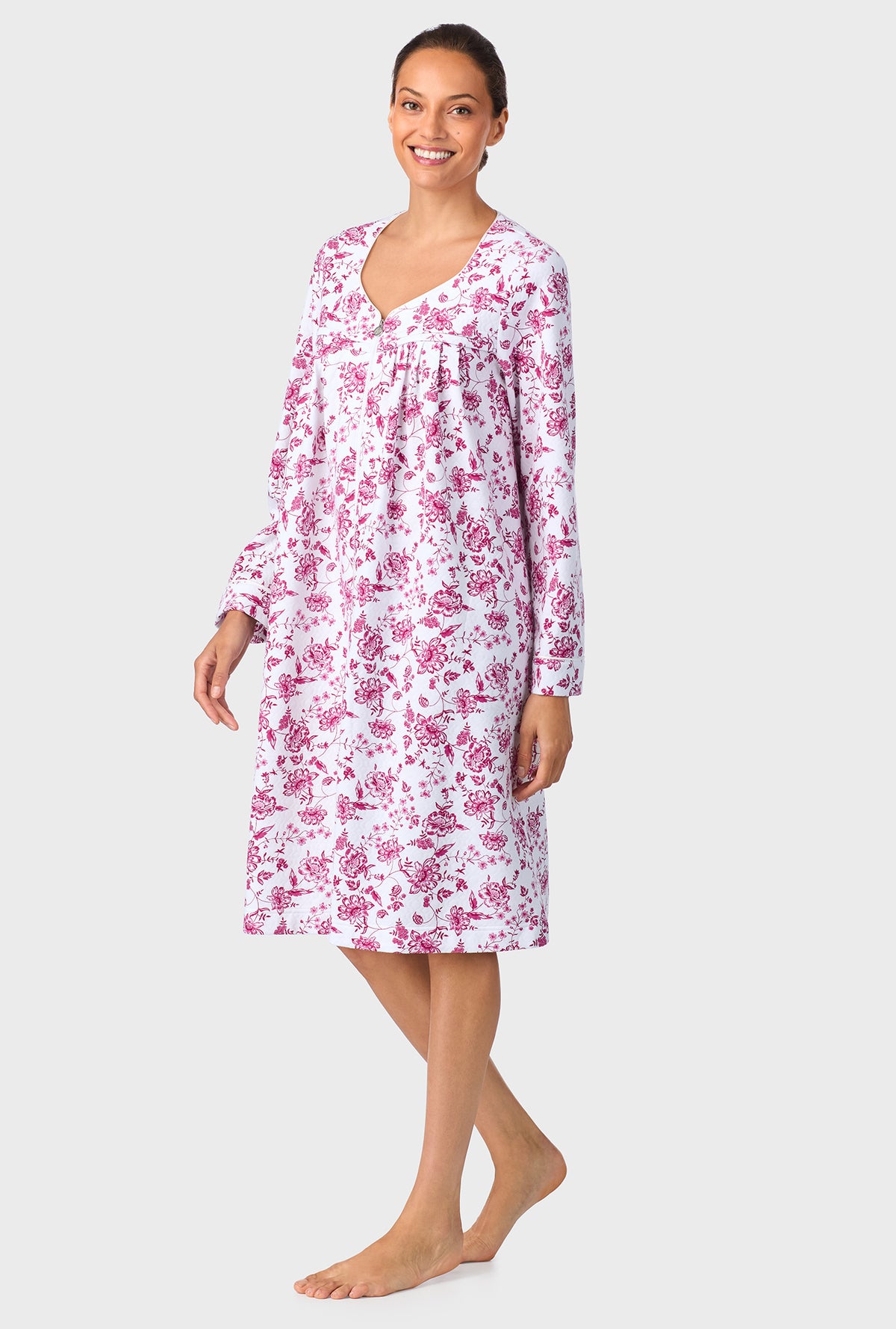 A lady wearing Crimson Floral Quilted Zip Duster
