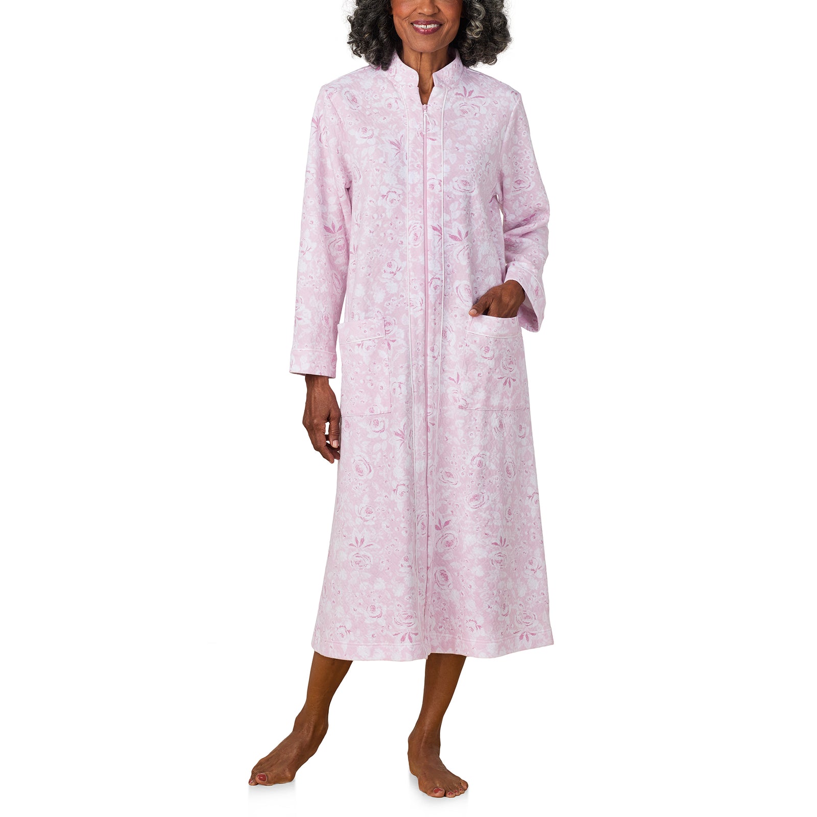 A lady wearing Pink Roses Zip Robe
