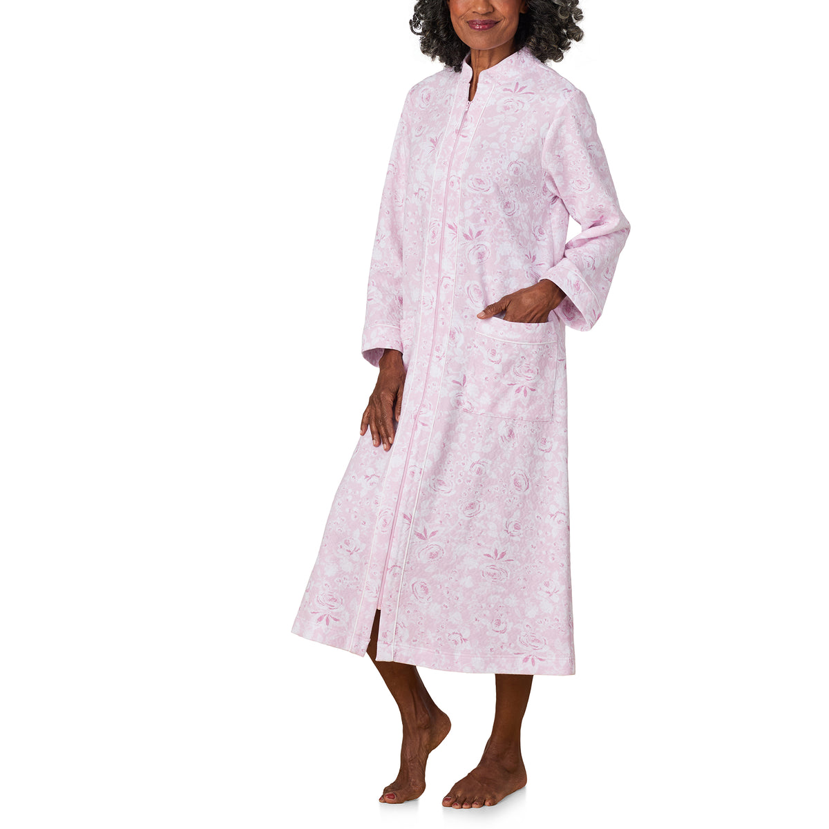A lady wearing Pink Roses Zip Robe