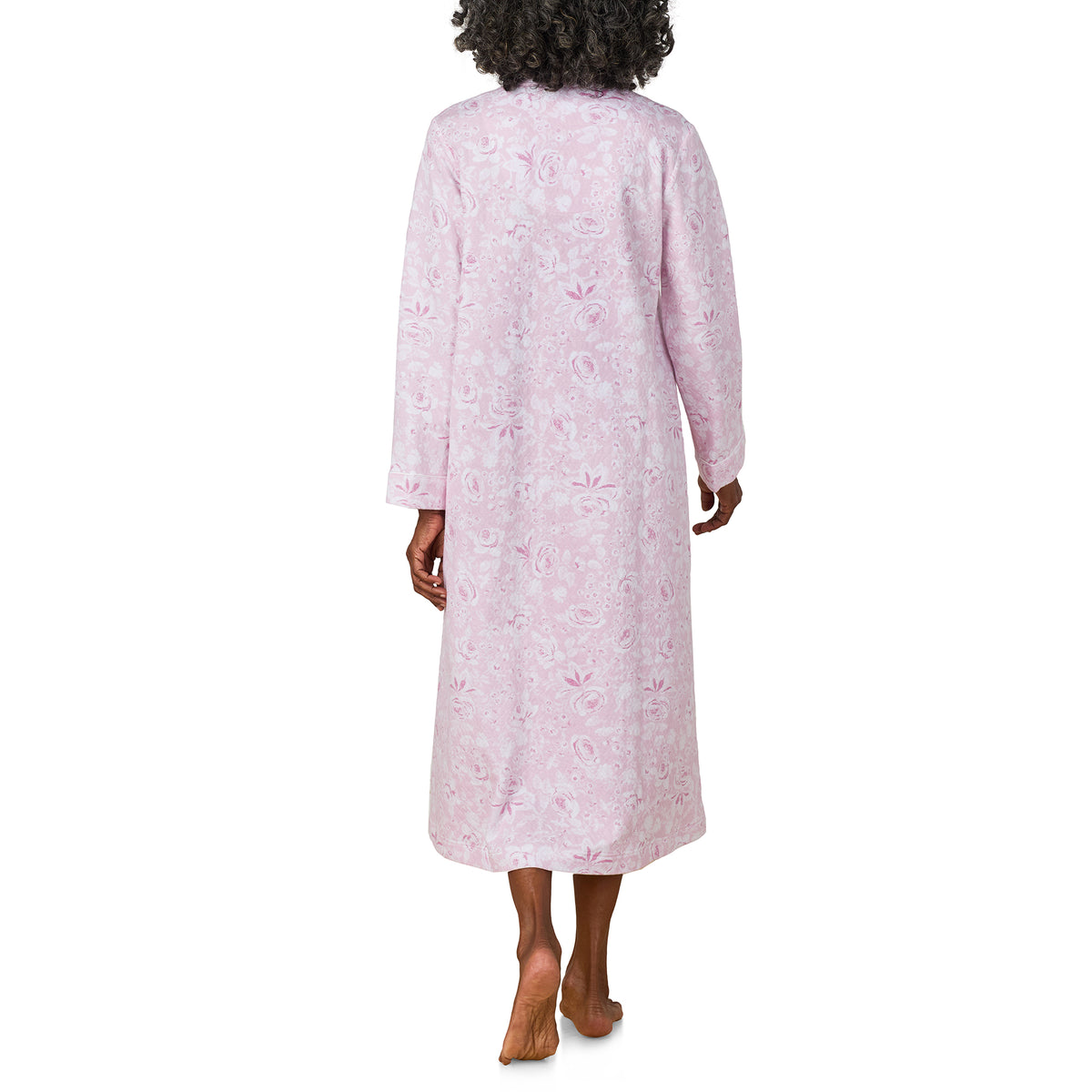 A lady wearing Pink Roses Zip Robe