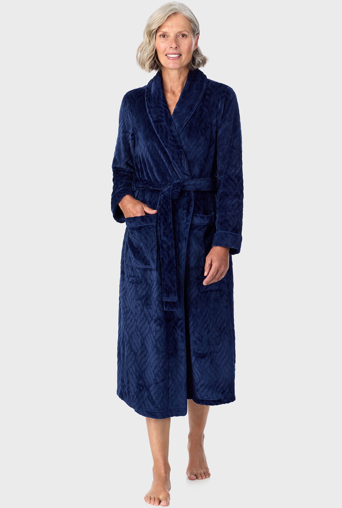 A lady wearing Navy  Chenille Wrap Robe