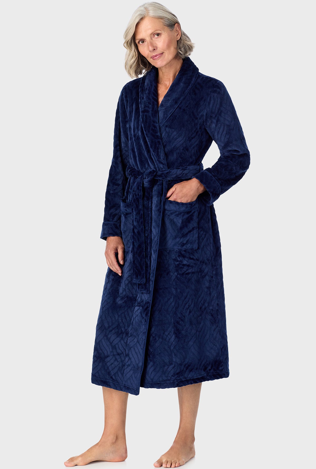 A lady wearing Navy  Chenille Wrap Robe