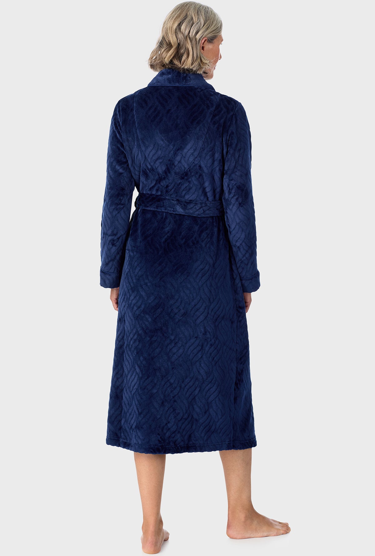 A lady wearing Navy  Chenille Wrap Robe