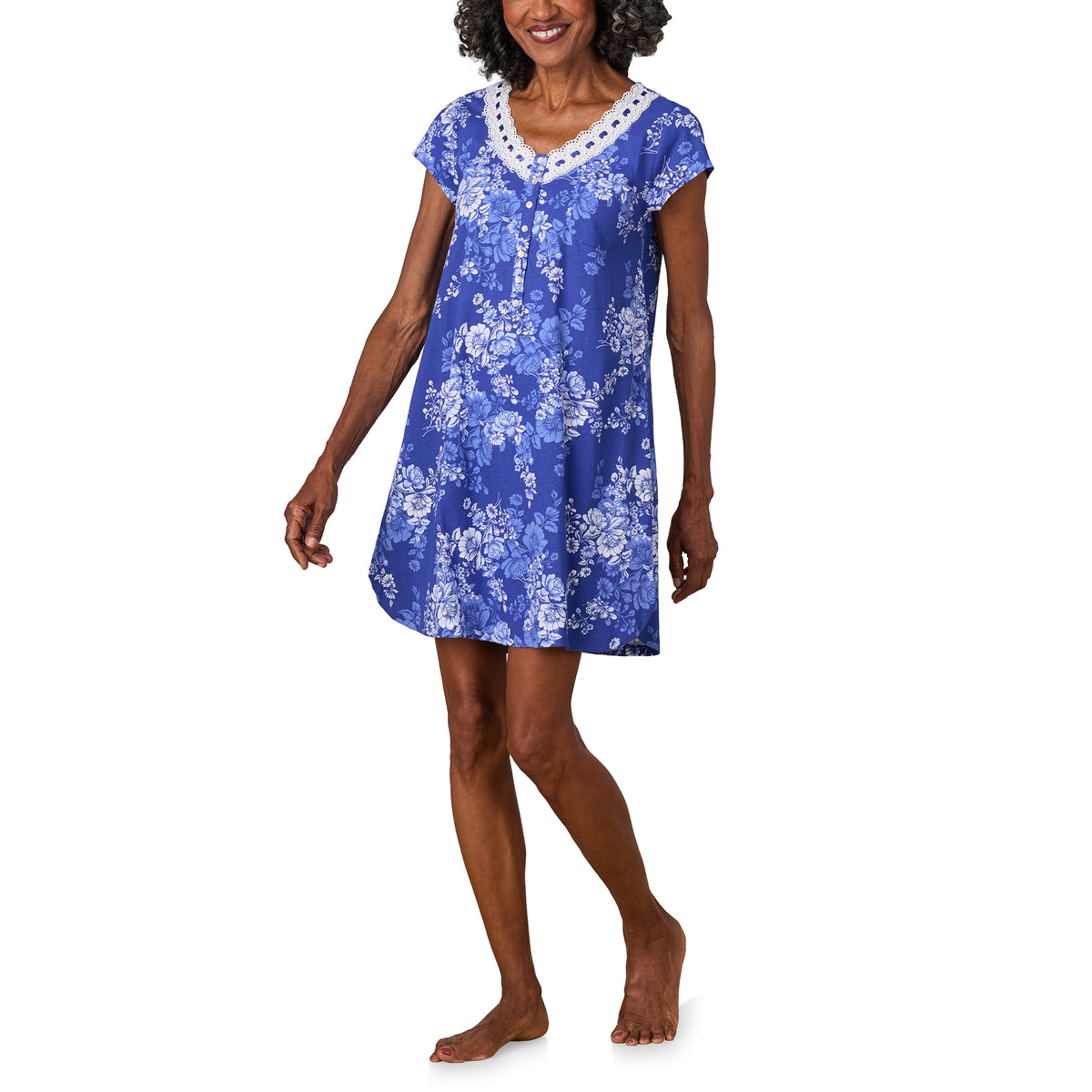 A lady wearing Midnight Blooms Cotton Jersey Nightshirt