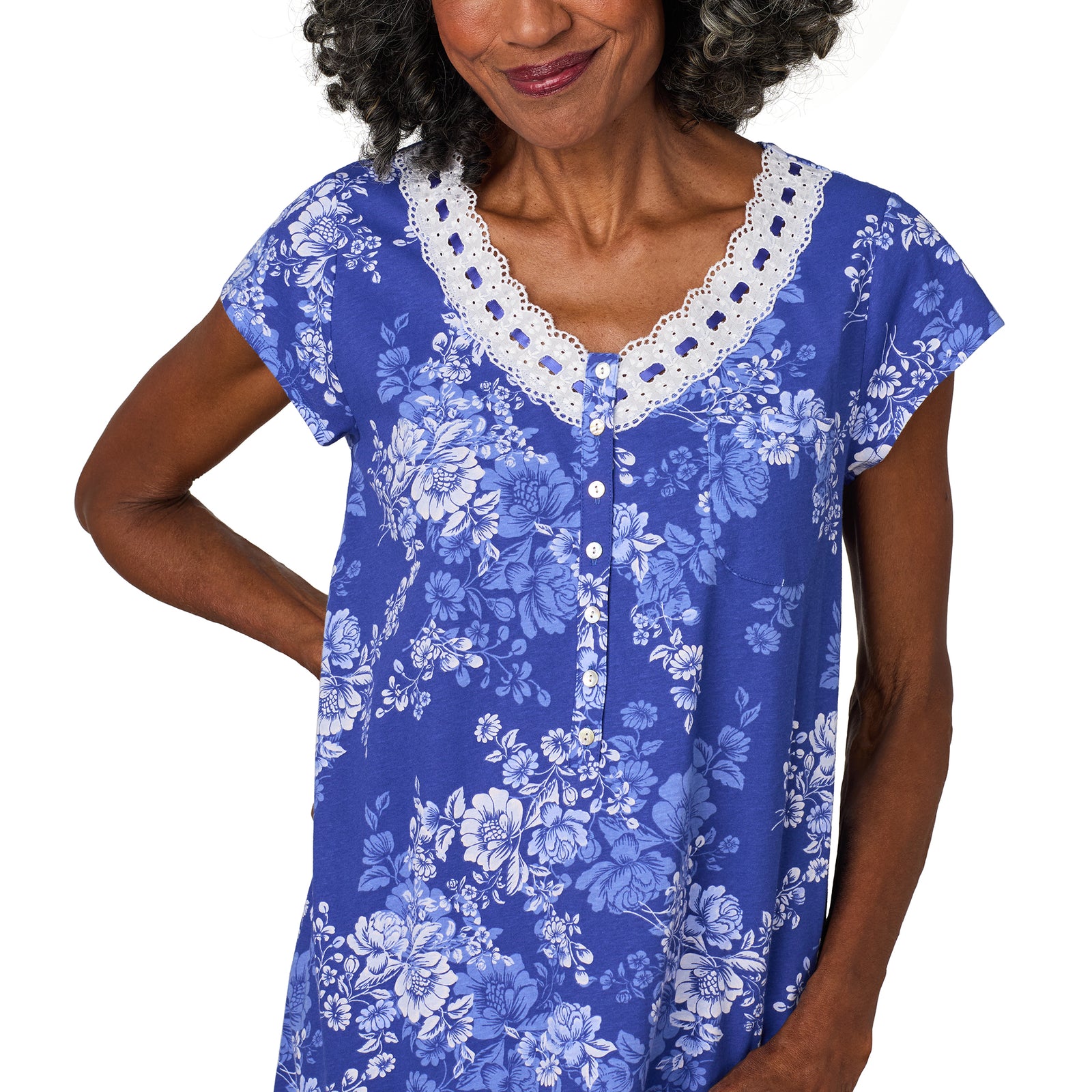 A lady wearing Midnight Blooms Cotton Jersey Nightshirt