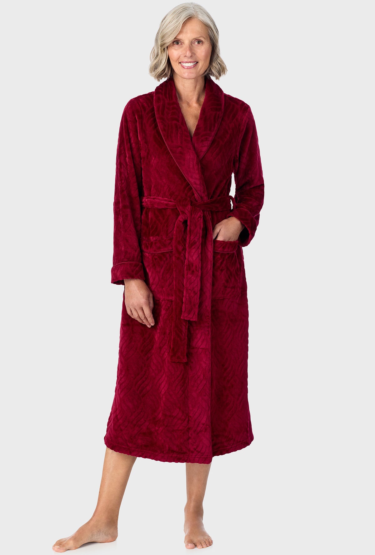 A lady wearing Wine Chenille Wrap Robe