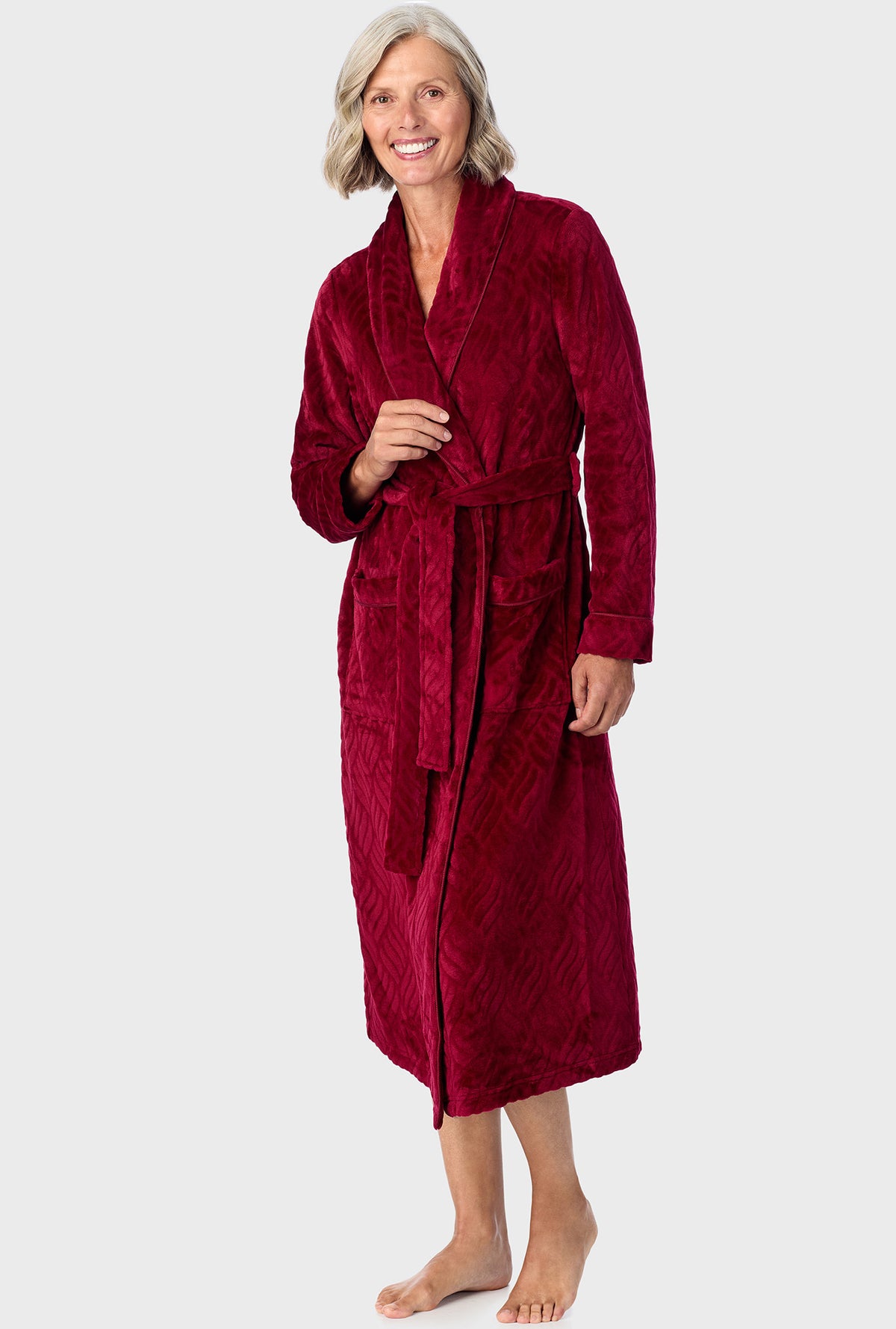 A lady wearing Wine Chenille Wrap Robe