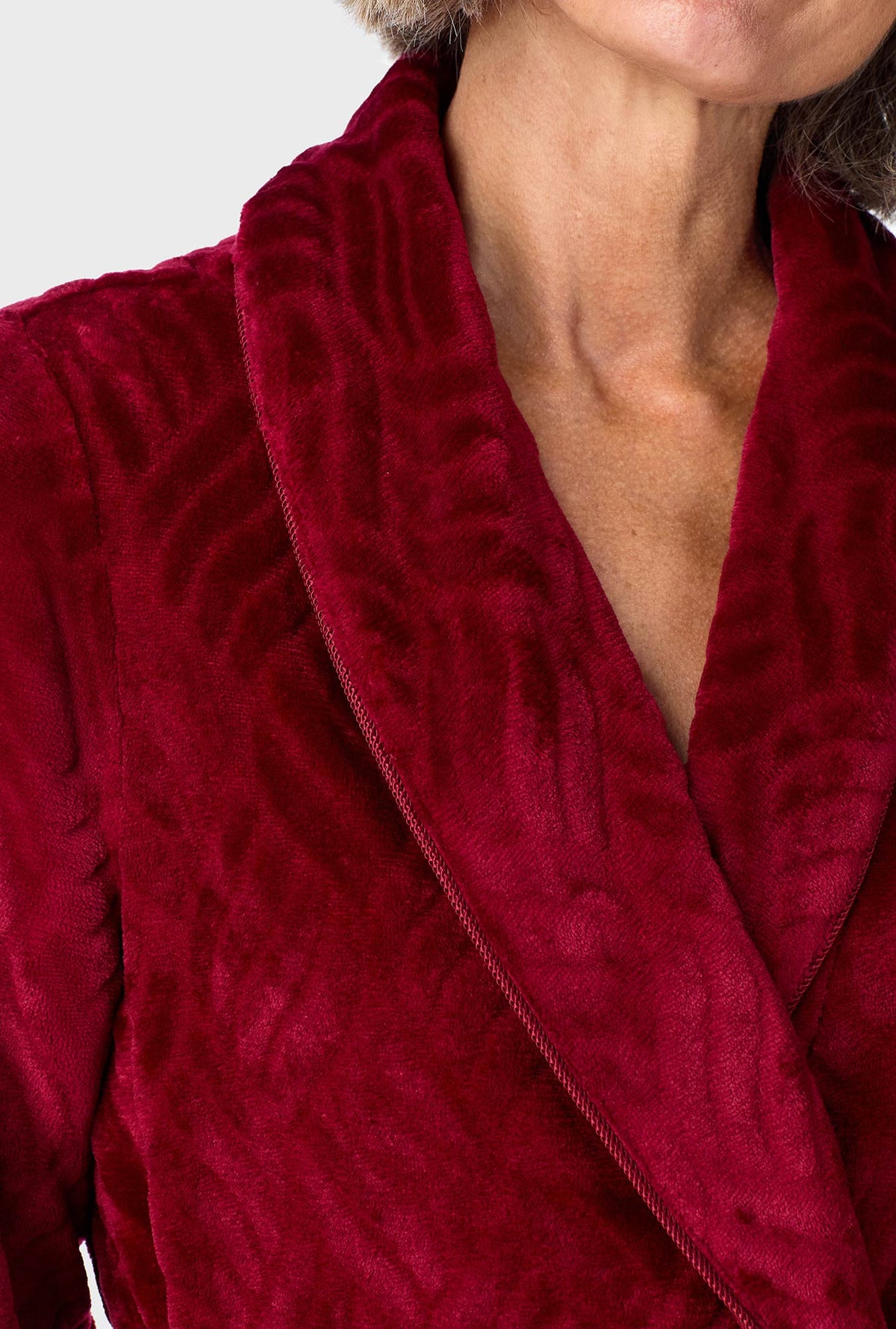 A lady wearing Wine Chenille Wrap Robe