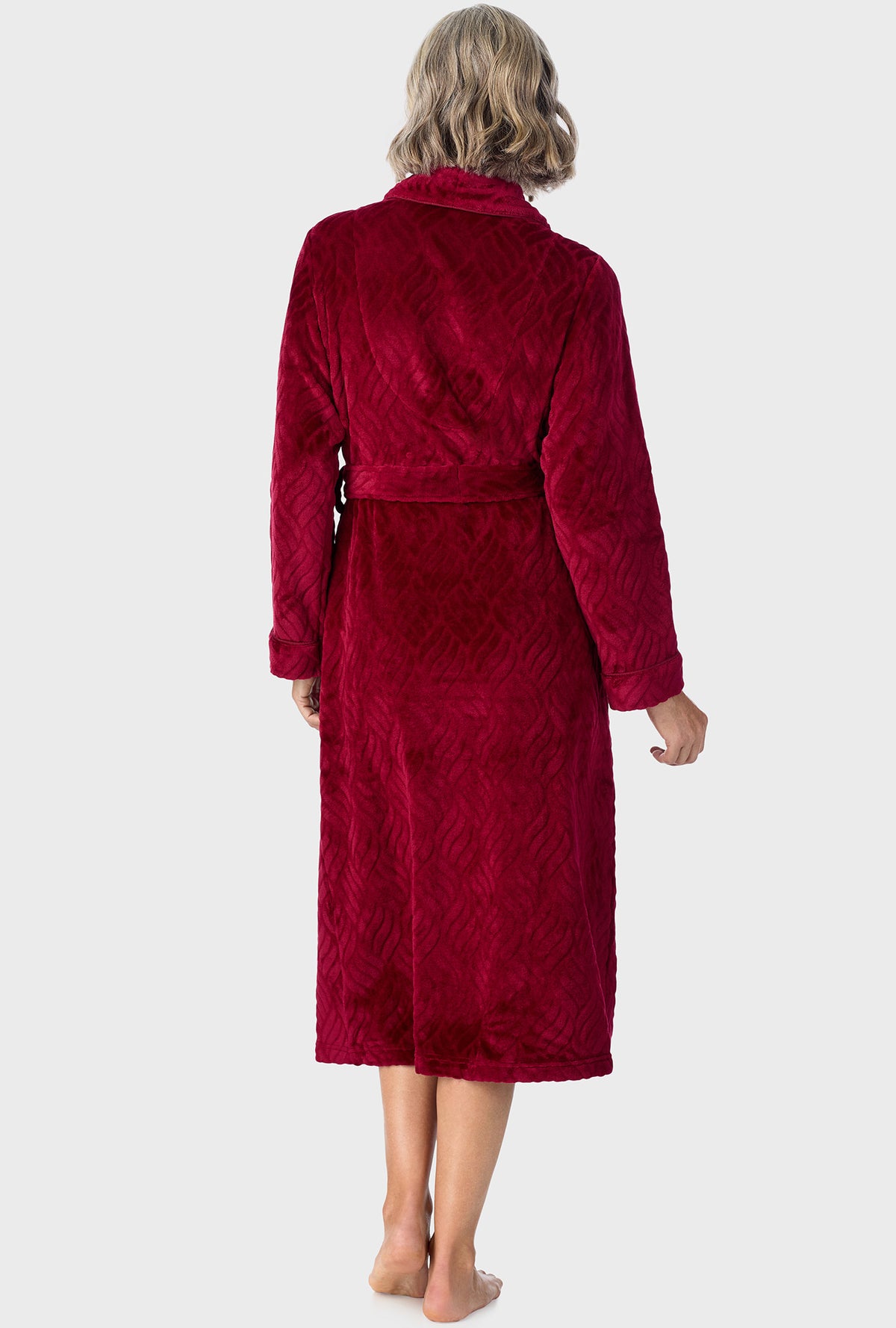 A lady wearing Wine Chenille Wrap Robe