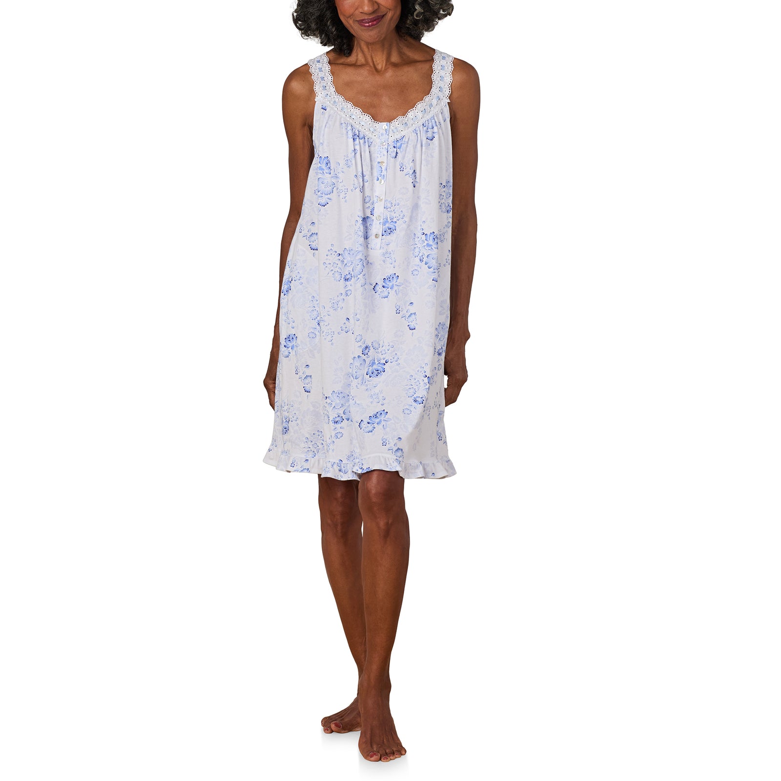 A lady wearing Blue Floral Cotton Jersey Chemise