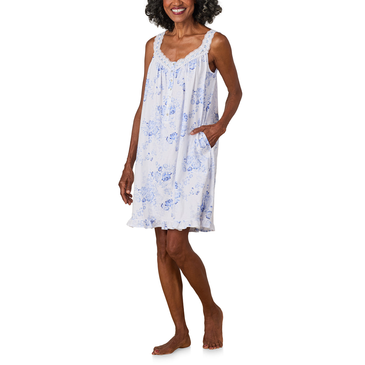 A lady wearing Blue Floral Cotton Jersey Chemise