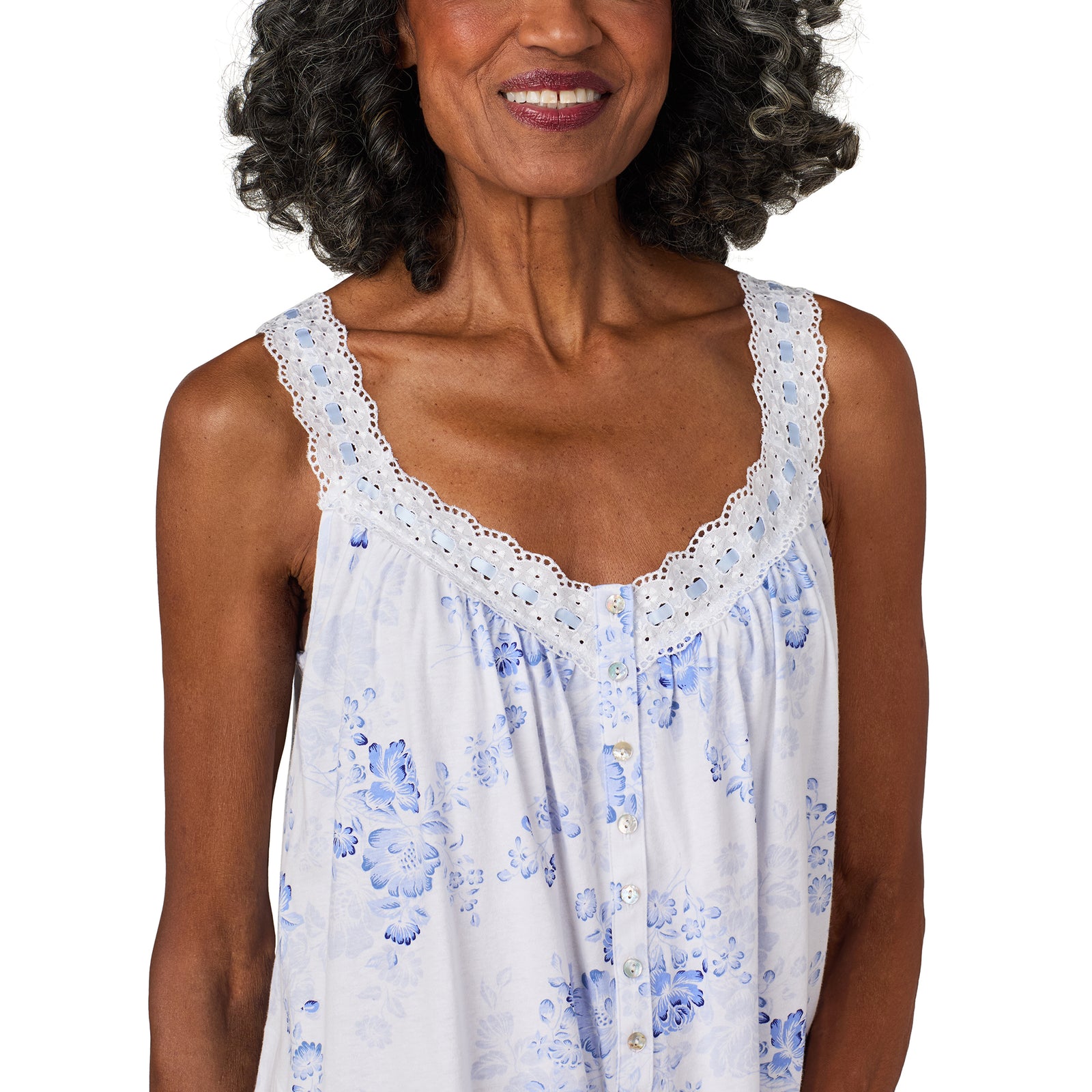 A lady wearing Blue Floral Cotton Jersey Chemise