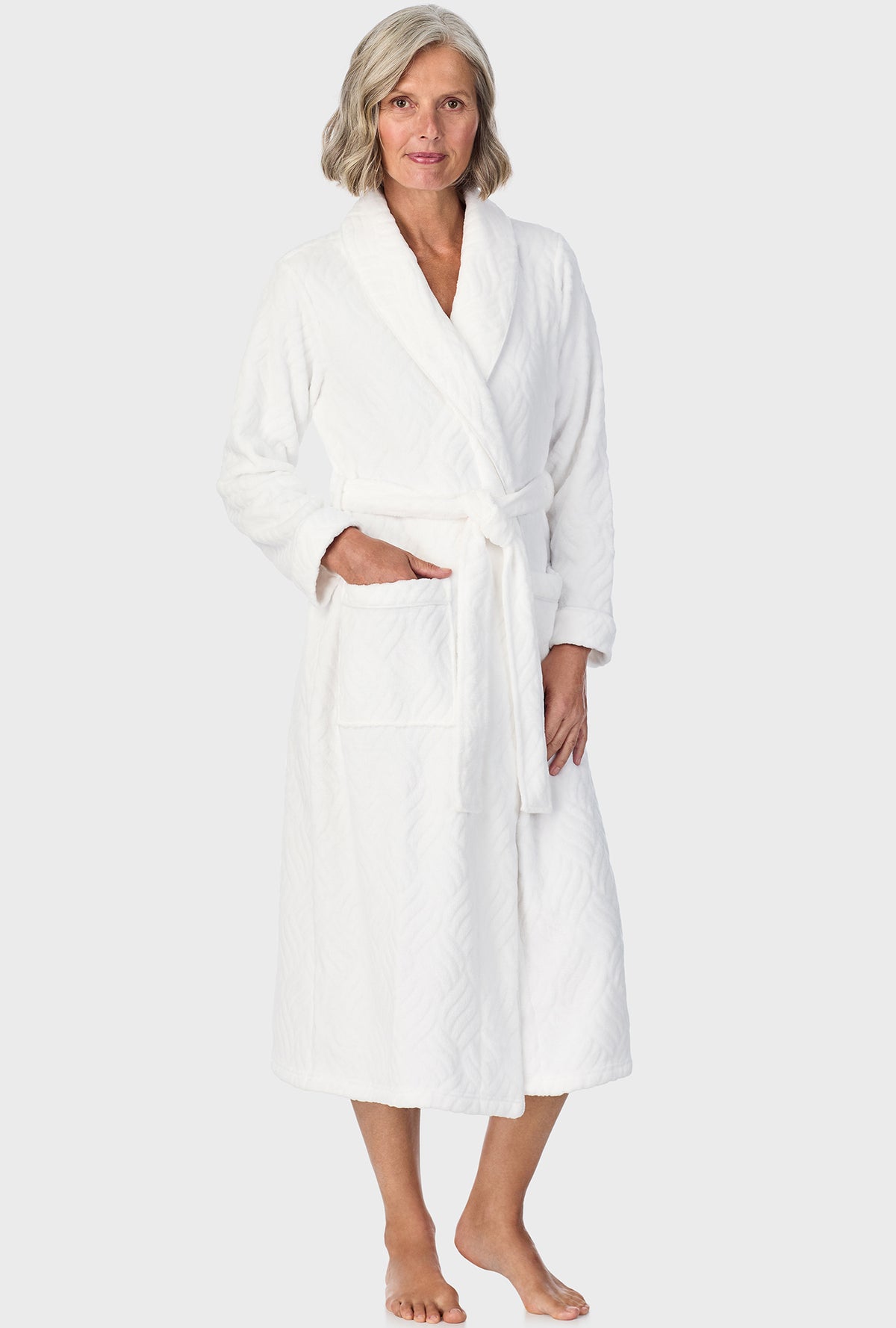 A lady wearing Ivory Chenille Wrap Robe