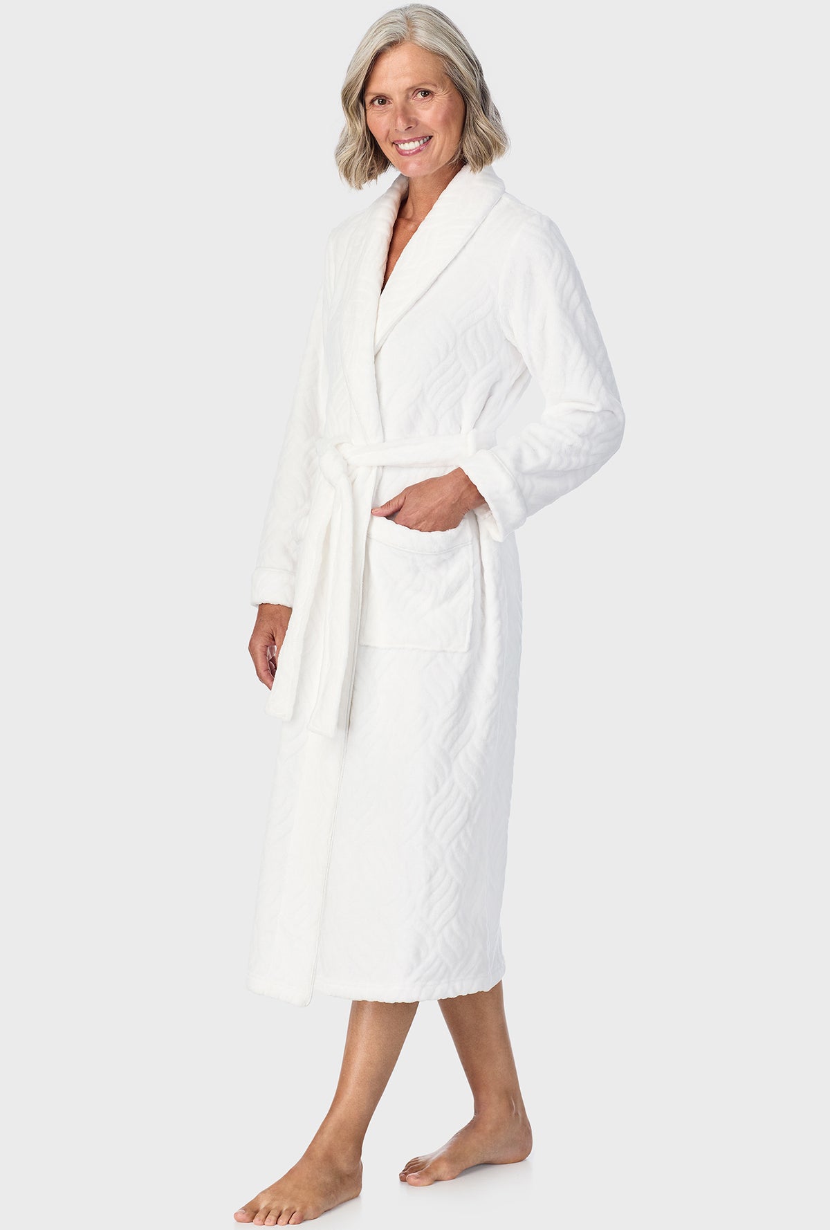 A lady wearing Ivory Chenille Wrap Robe