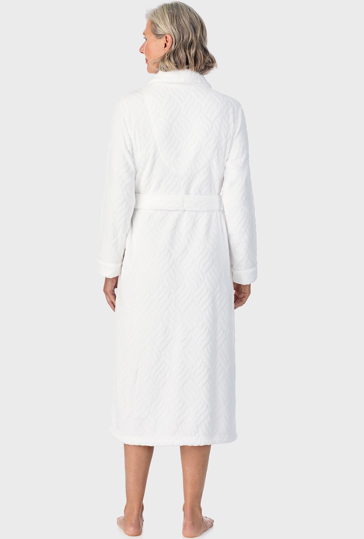 A lady wearing Ivory Chenille Wrap Robe