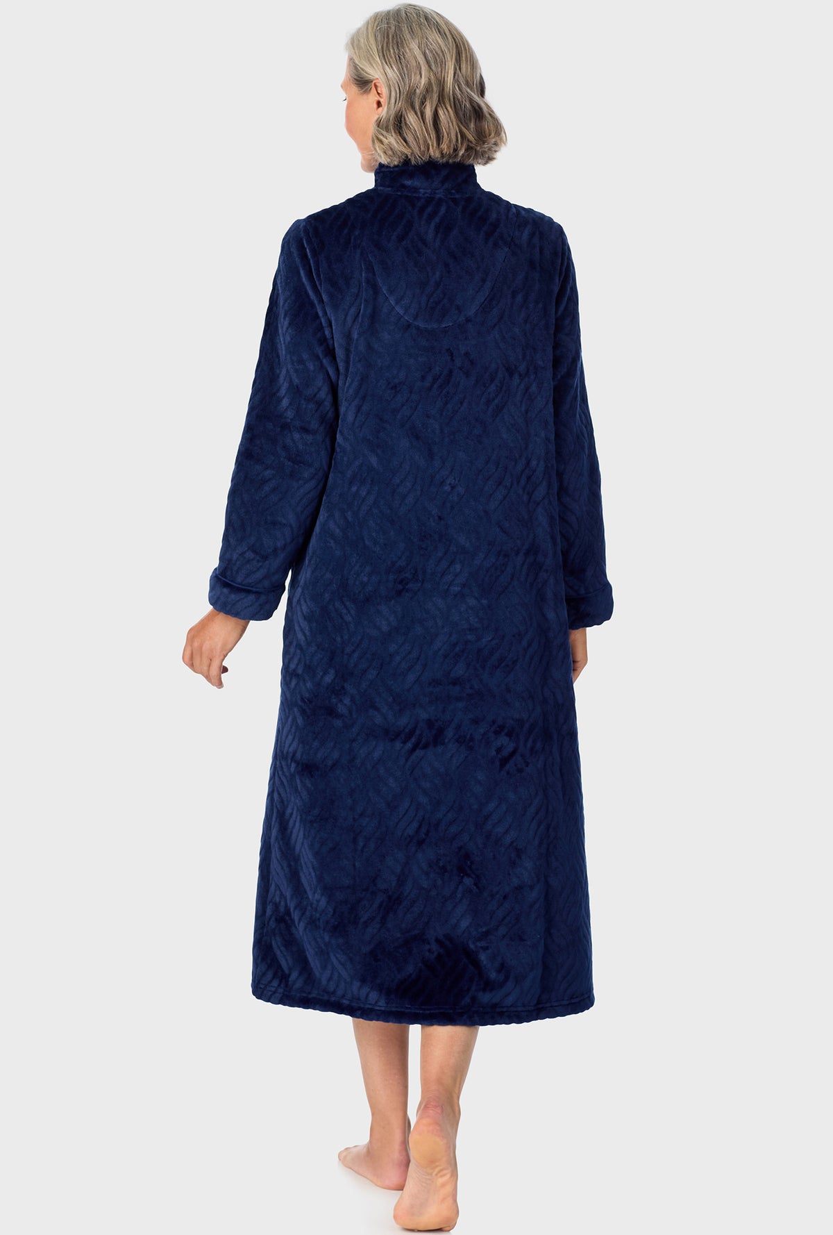 A lady wearing Navy  Chenille Zip Front Robe