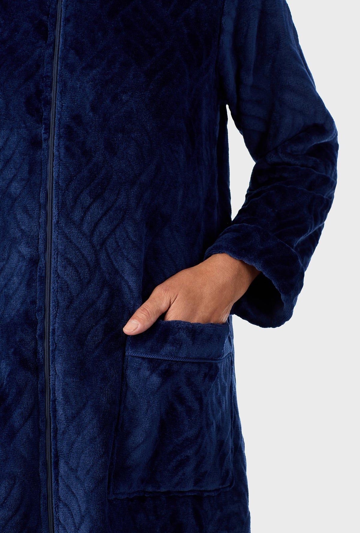 A lady wearing Navy  Chenille Zip Front Robe