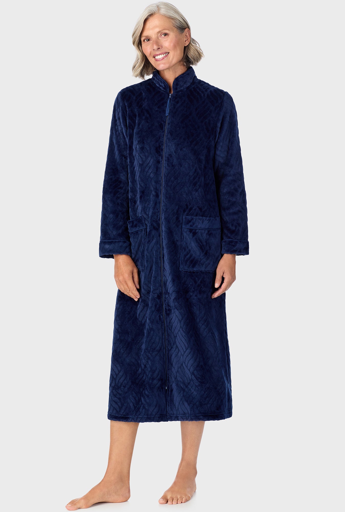 A lady wearing Navy  Chenille Zip Front Robe