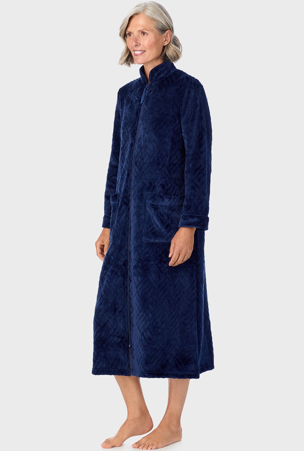 A lady wearing Navy  Chenille Zip Front Robe