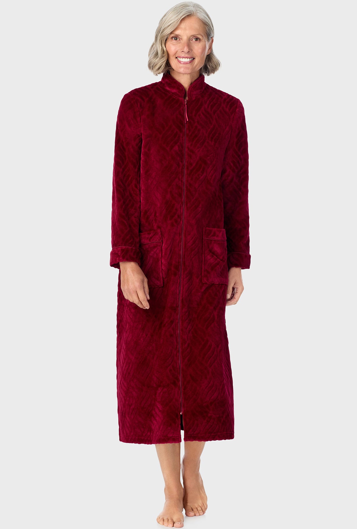 A lady wearing Wine Chinelle Zip Front Robe