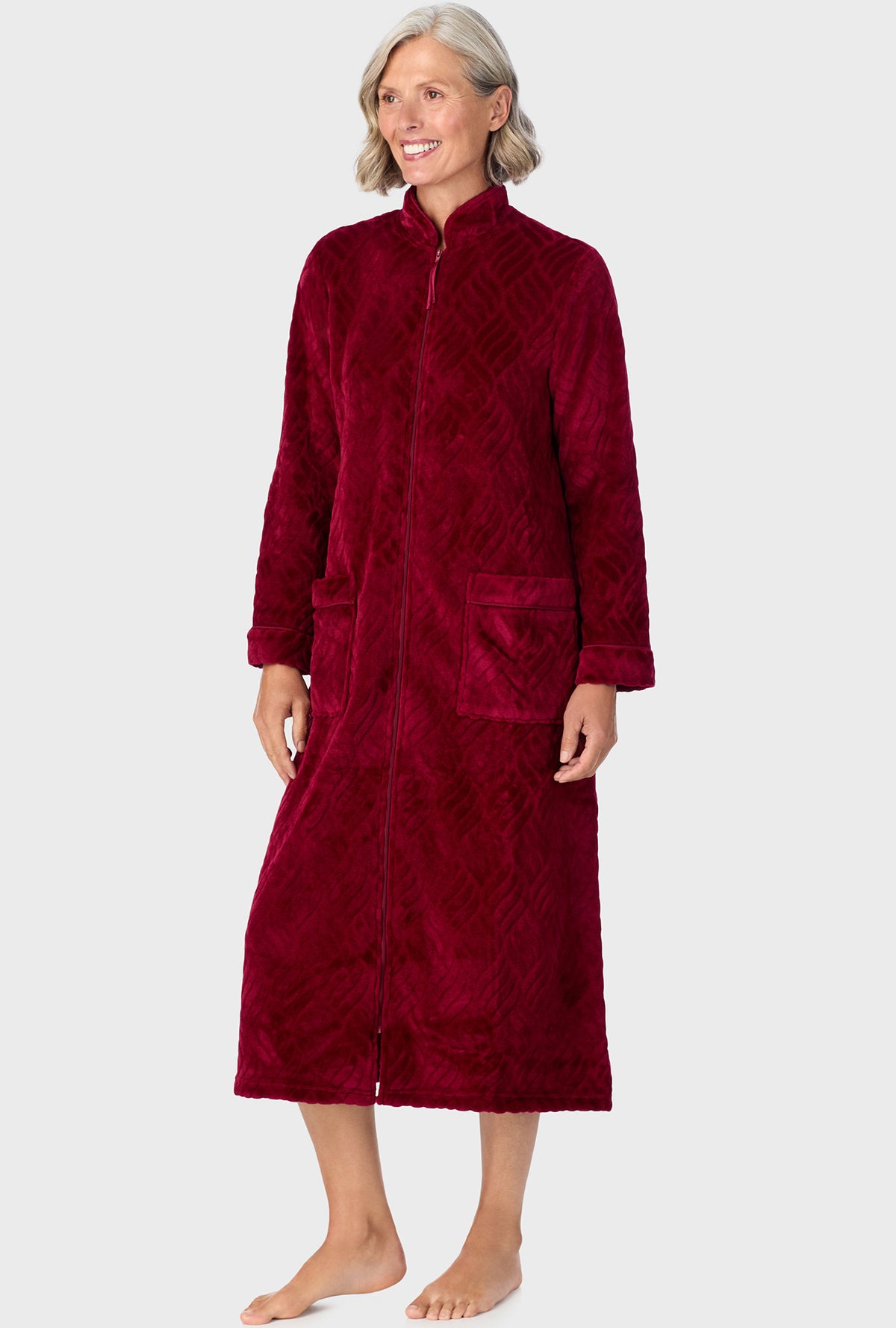 A lady wearing Wine Chinelle Zip Front Robe