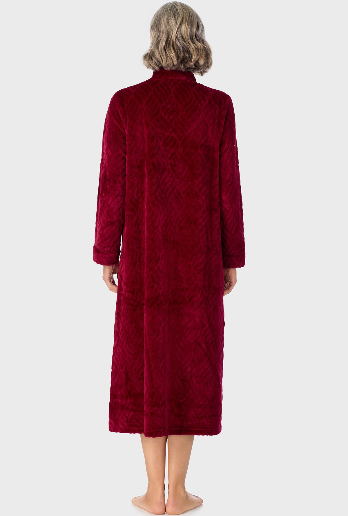 A lady wearing Wine Chinelle Zip Front Robe