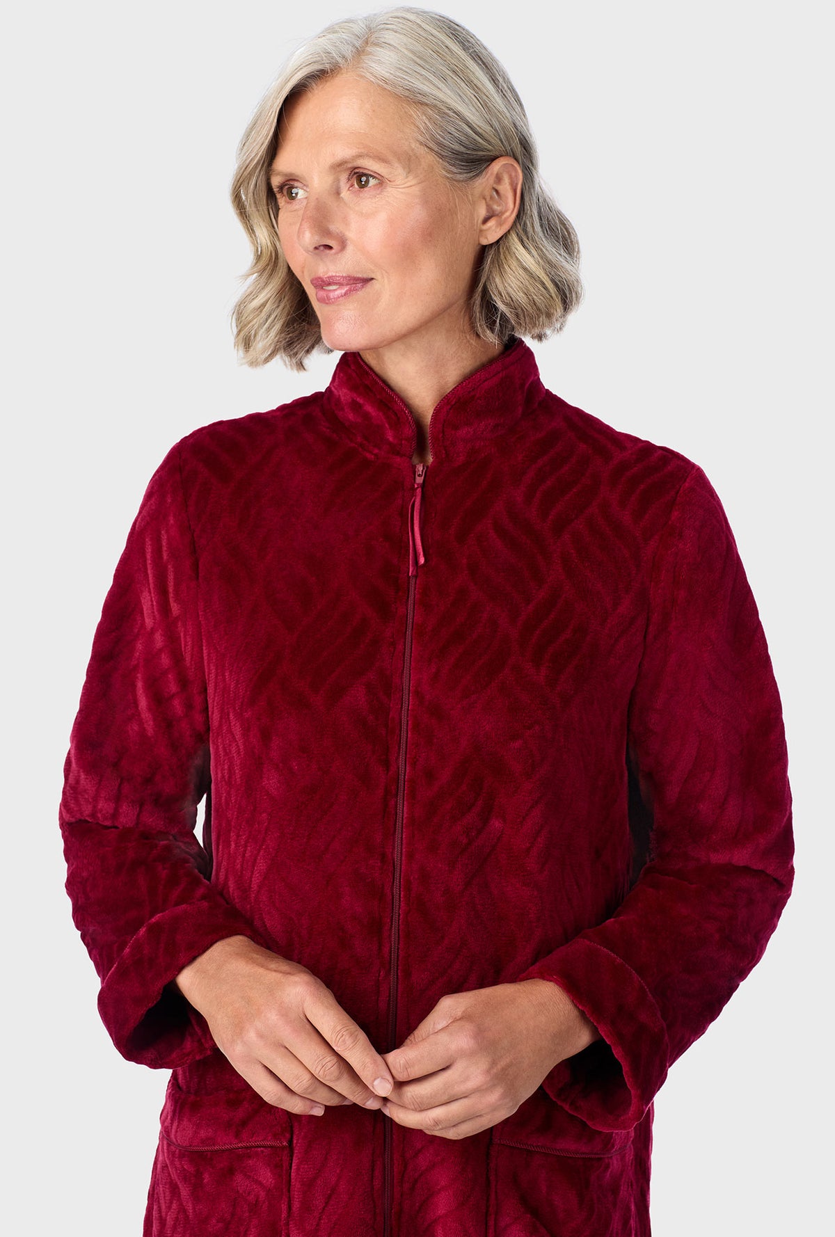 A lady wearing Wine Chinelle Zip Front Robe